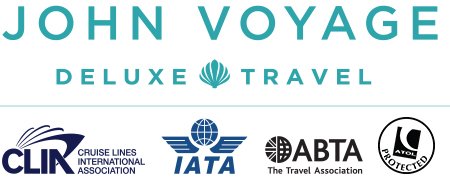 Logo with text for John Voyage Deluxe Travel and various travel organizations including CLIA, IATA, ABTA, and Astrol Protect.