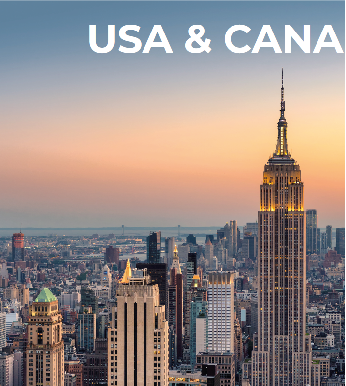 City skyline featuring the Empire State Building in New York City at sunset with a gradient sky transitioning from pink to blue, with the words 'USA & CAN' overlaid at the top.