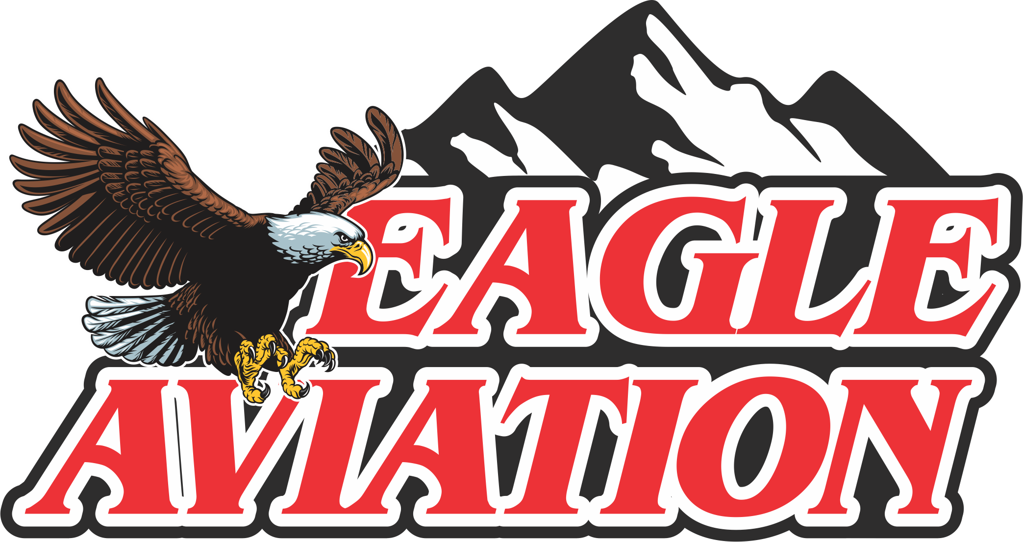 A logo featuring a detailed eagle with outstretched wings, perched on the letter 'A', with mountain peaks in the background, and the words 'Eagle Mountain Aviation' in bold red and white lettering.