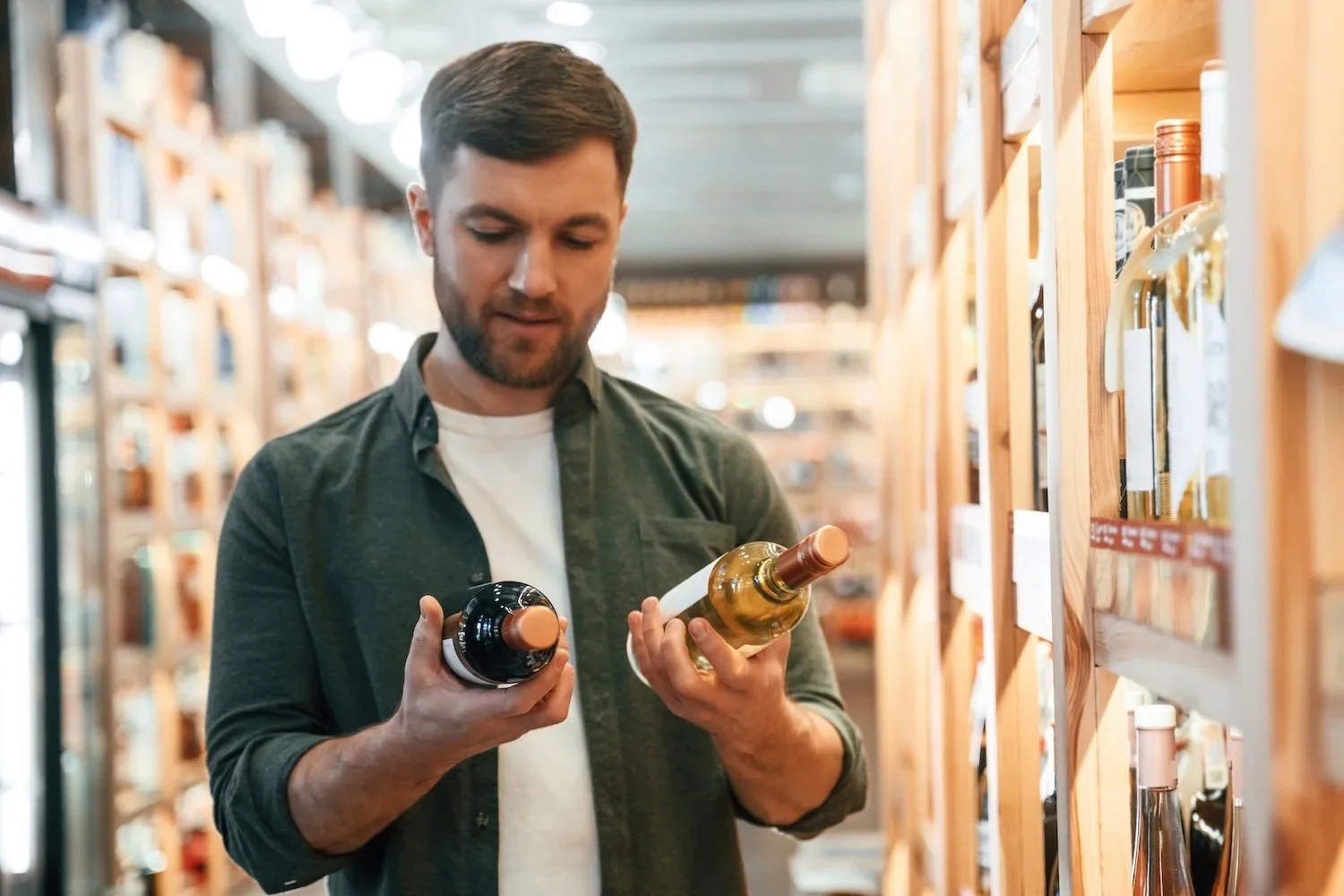 Man dressed in casual clothes looking at 2 bottles of wine in the wine aisle trying to make a decision 