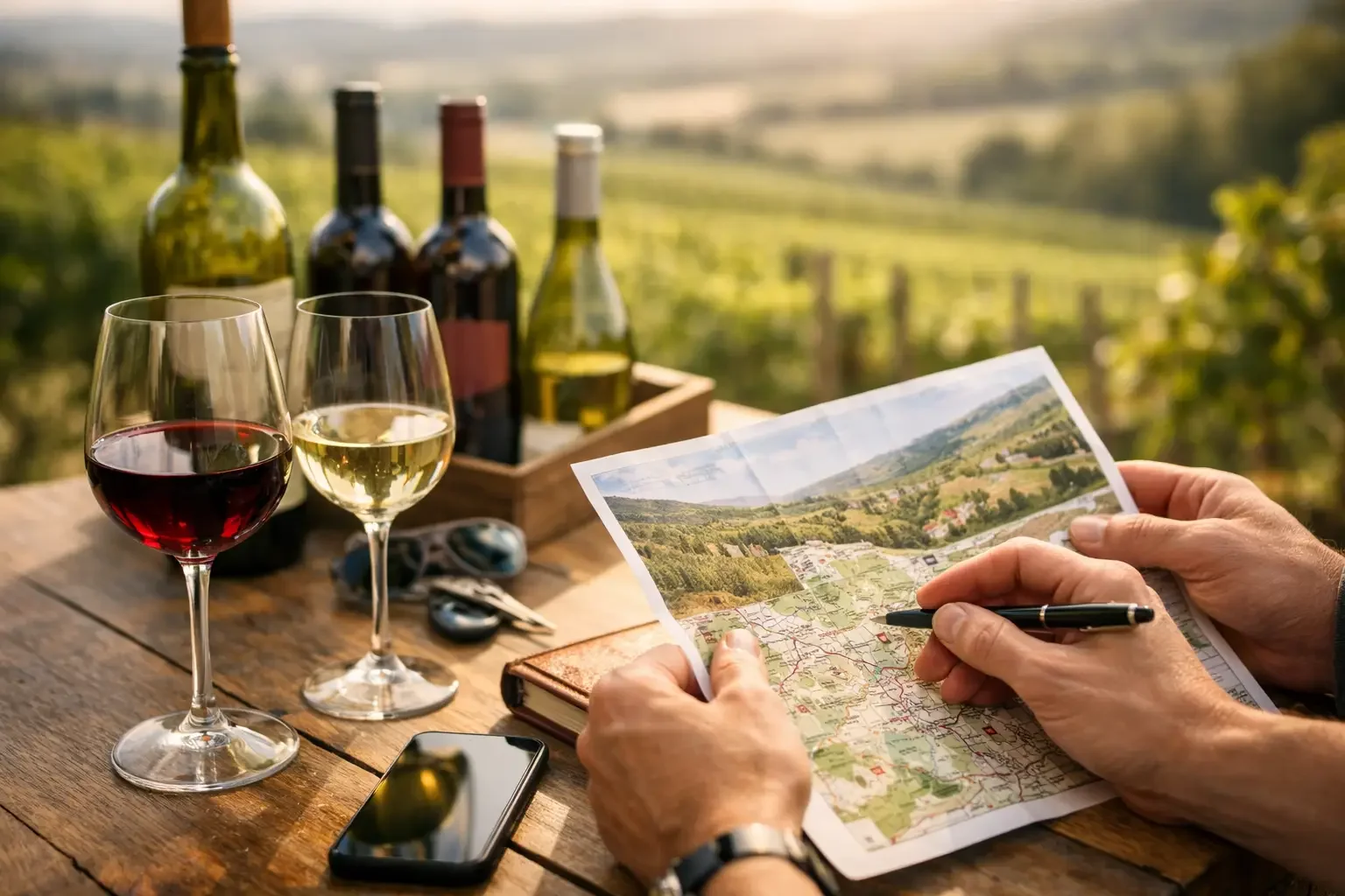 A picture of hands close up with a pen marking up a paper map. On the table are 4 bottles, two half glasses of wine, a smartphone, and in the background is rolling hills and vines