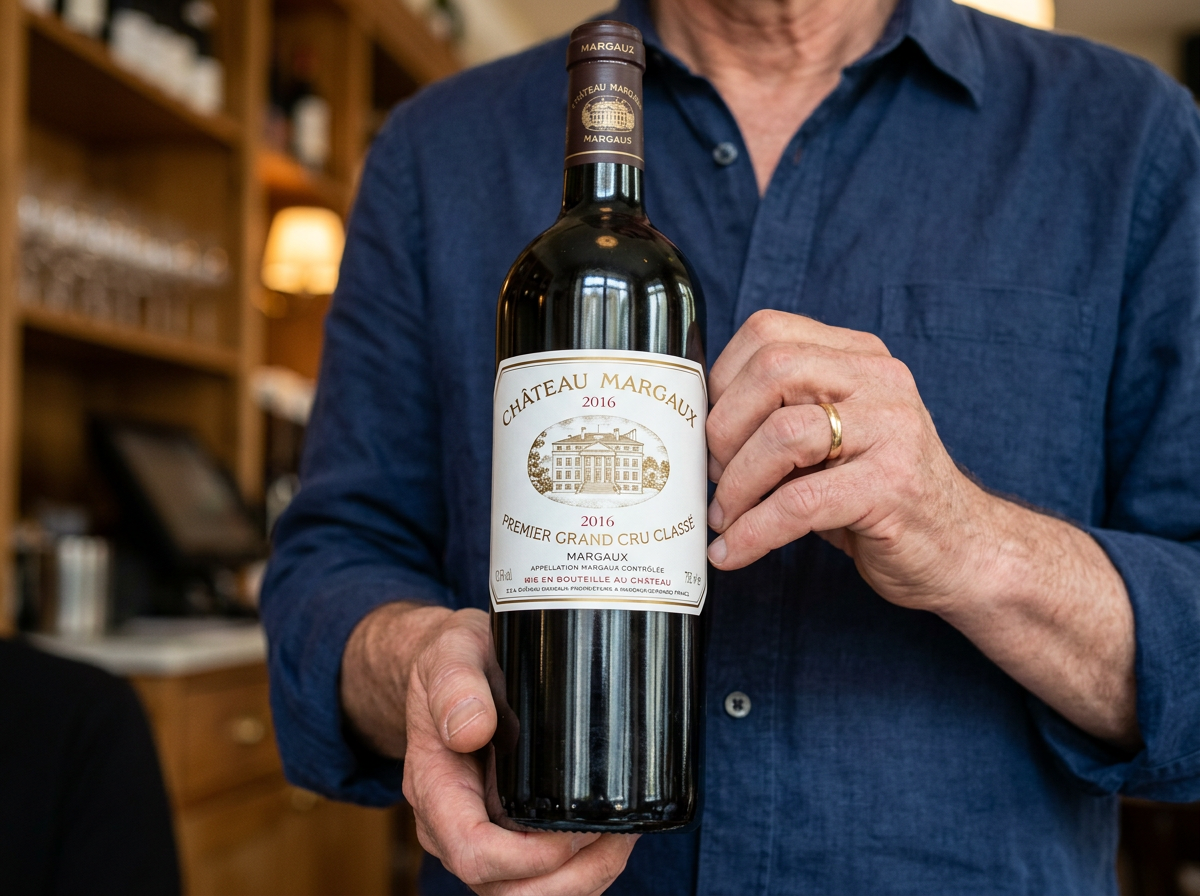 A man in a wine shop holding a bottle of French red grand cru wine where you can read the label