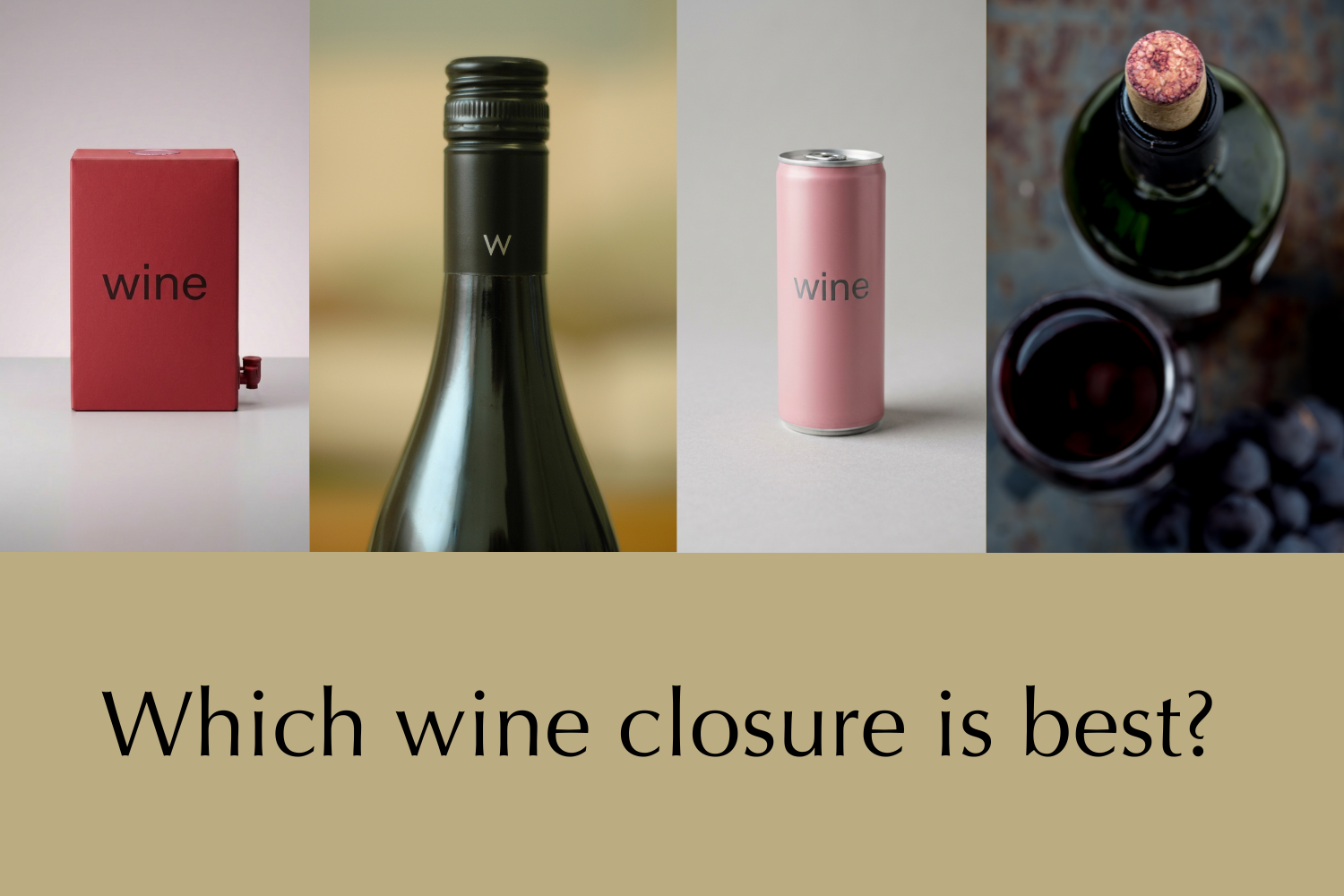 A picture of four wine closures; box wine, canned wine, screw top, and a cork with a question: Which wine closure is best?