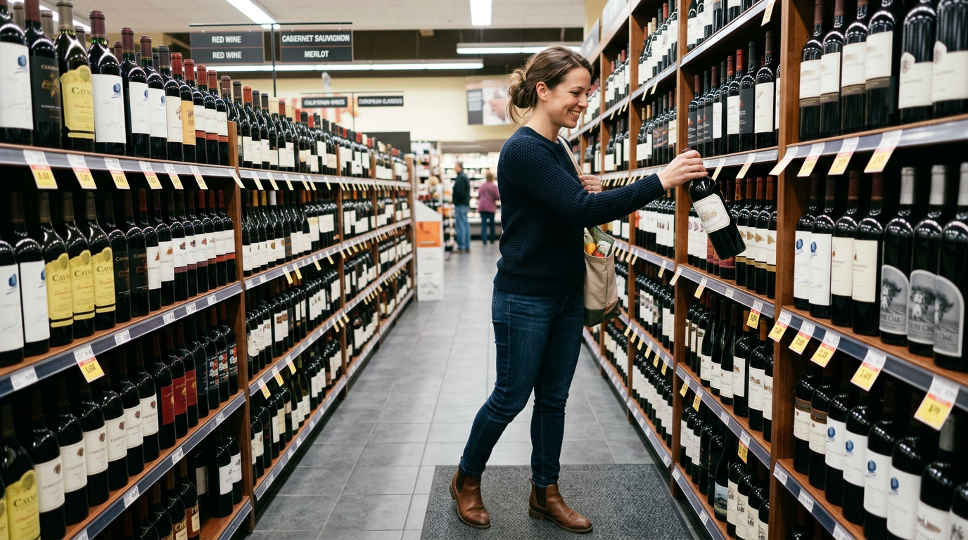 A woman in the wine aisle smiling and confidently picking out a bottle of wine