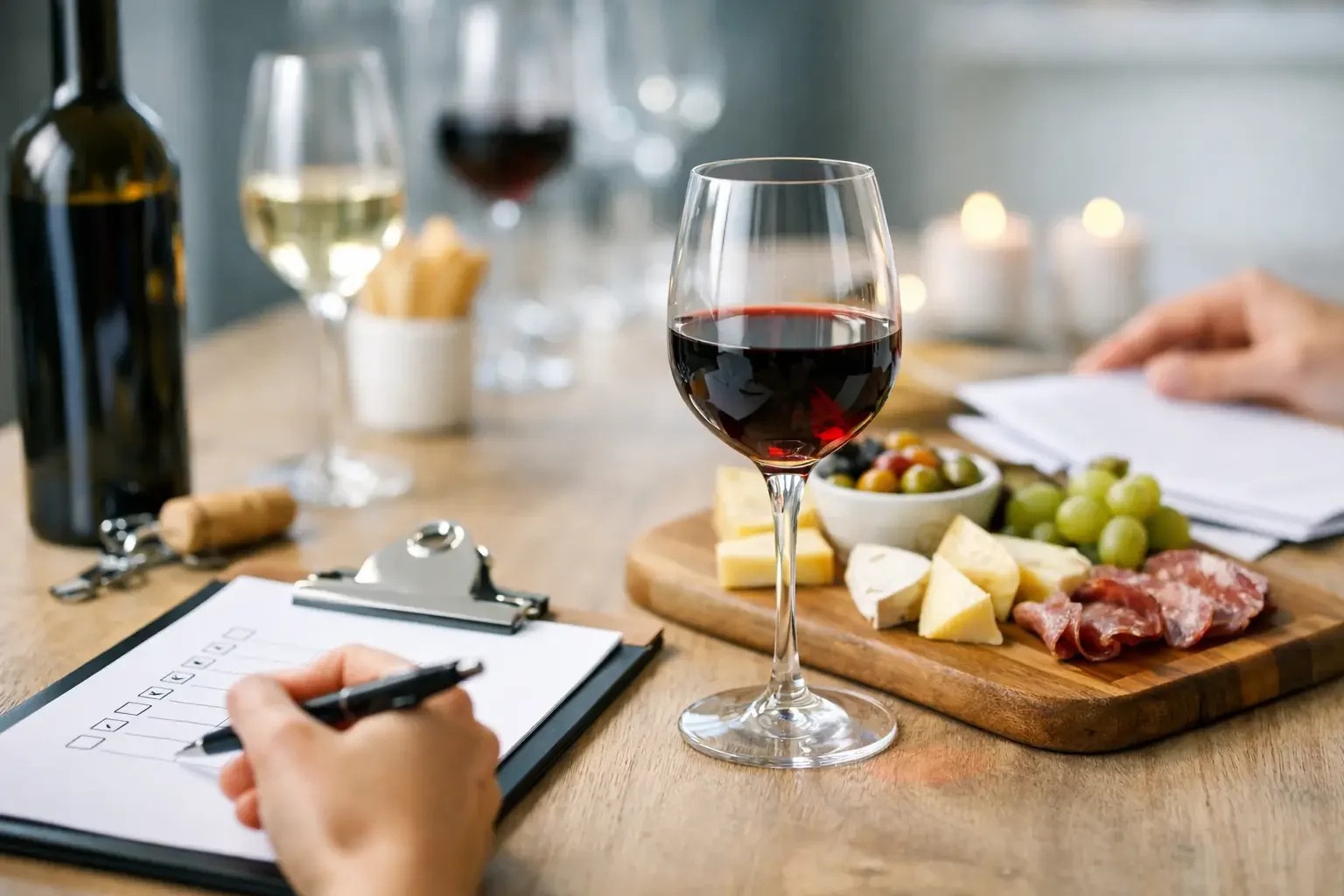 Someone taking notes on a clipboard with a pen in hand, a glass of red wine sitting on the table and a cheese board showing in the background