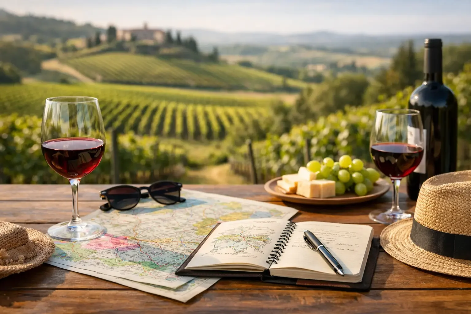 A table with sunglasses, a glass of wine, a map, and an open notebook with a pen. There is a plate with cheese and grapes, a hat, and a field of grapes in the background
