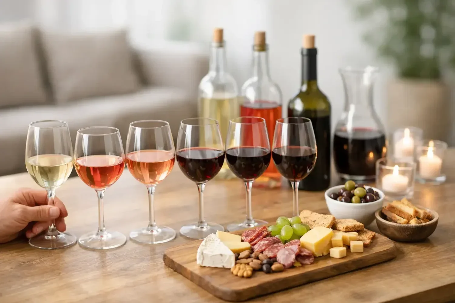6 glasses of wine on a coffee table with white, rose, and red plus a charcuterie board and candles