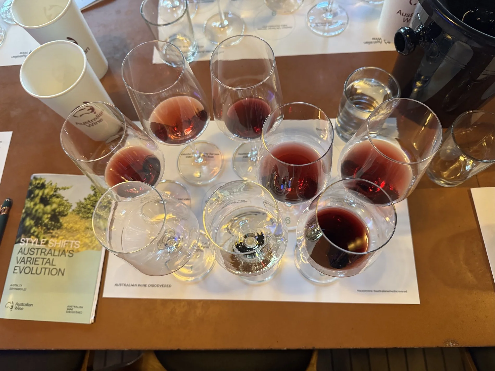 A flight of Australian red wines poured in tasting glasses at the Style Shifts seminar in Austin, Texas