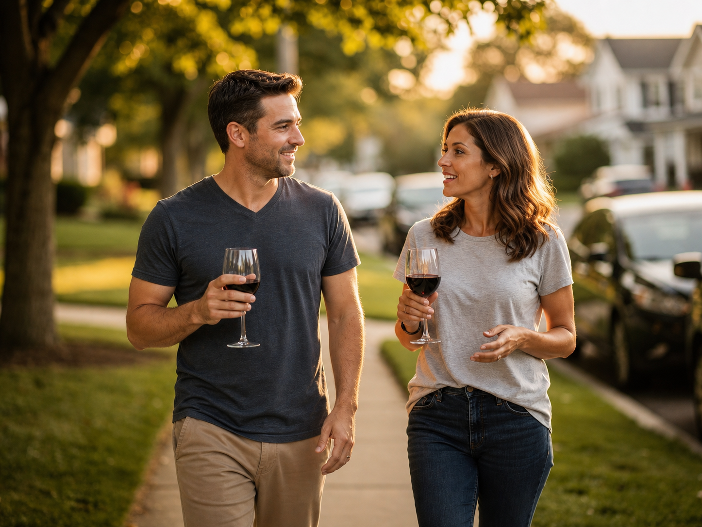 Two people walking casually through a neighborhood talking and drinking wine