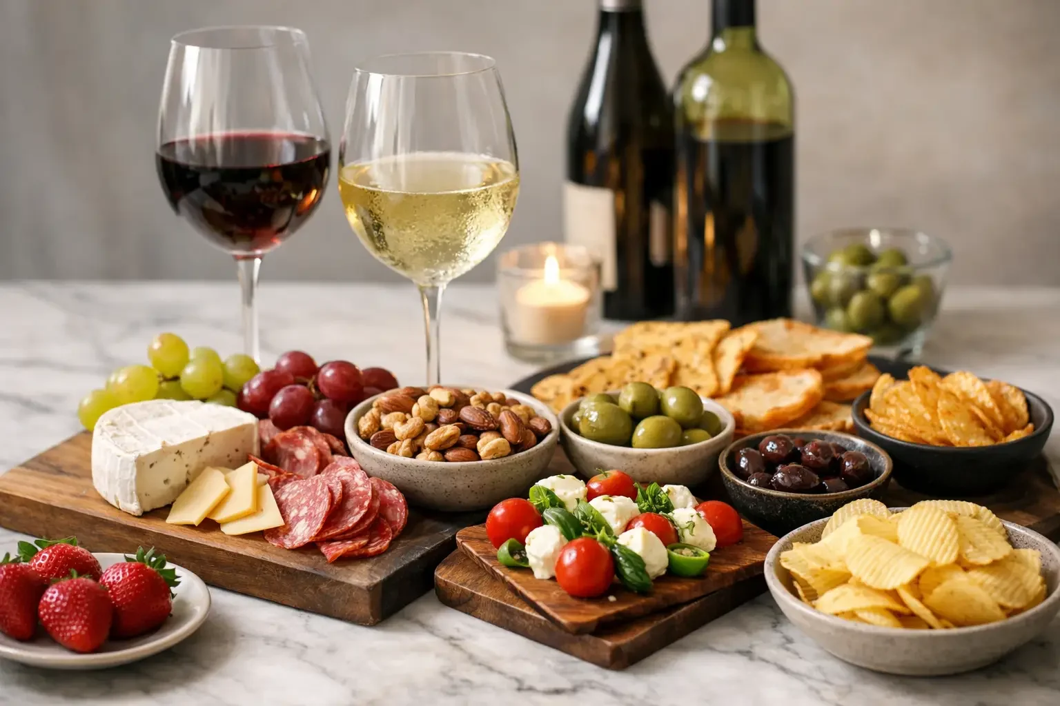 A charcuterie board with cheese, meat, nuts, grapes, strawberries, olives, and potato chips with two glasses of wine poured and some bottles in the background
