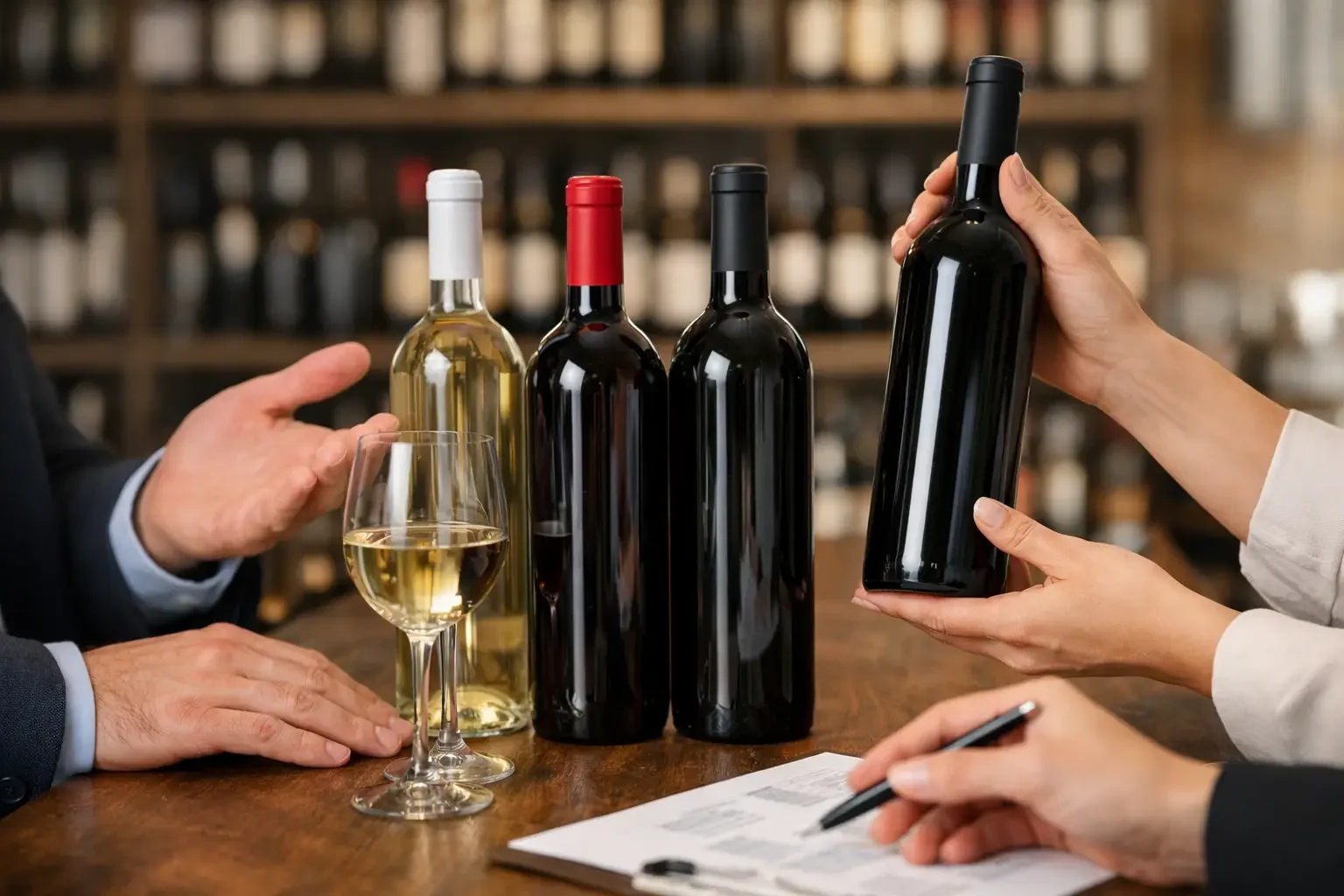 They are in a wine shop with 4 bottles on a counter while someone is holding one of the bottles and a glass of wine is also on the counter