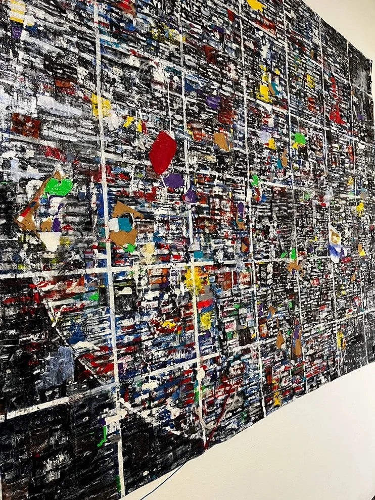 Enise Carr, Tarp, detail (2023), Acrylic, felt, colored tape, tarp, 86.5 x 68”