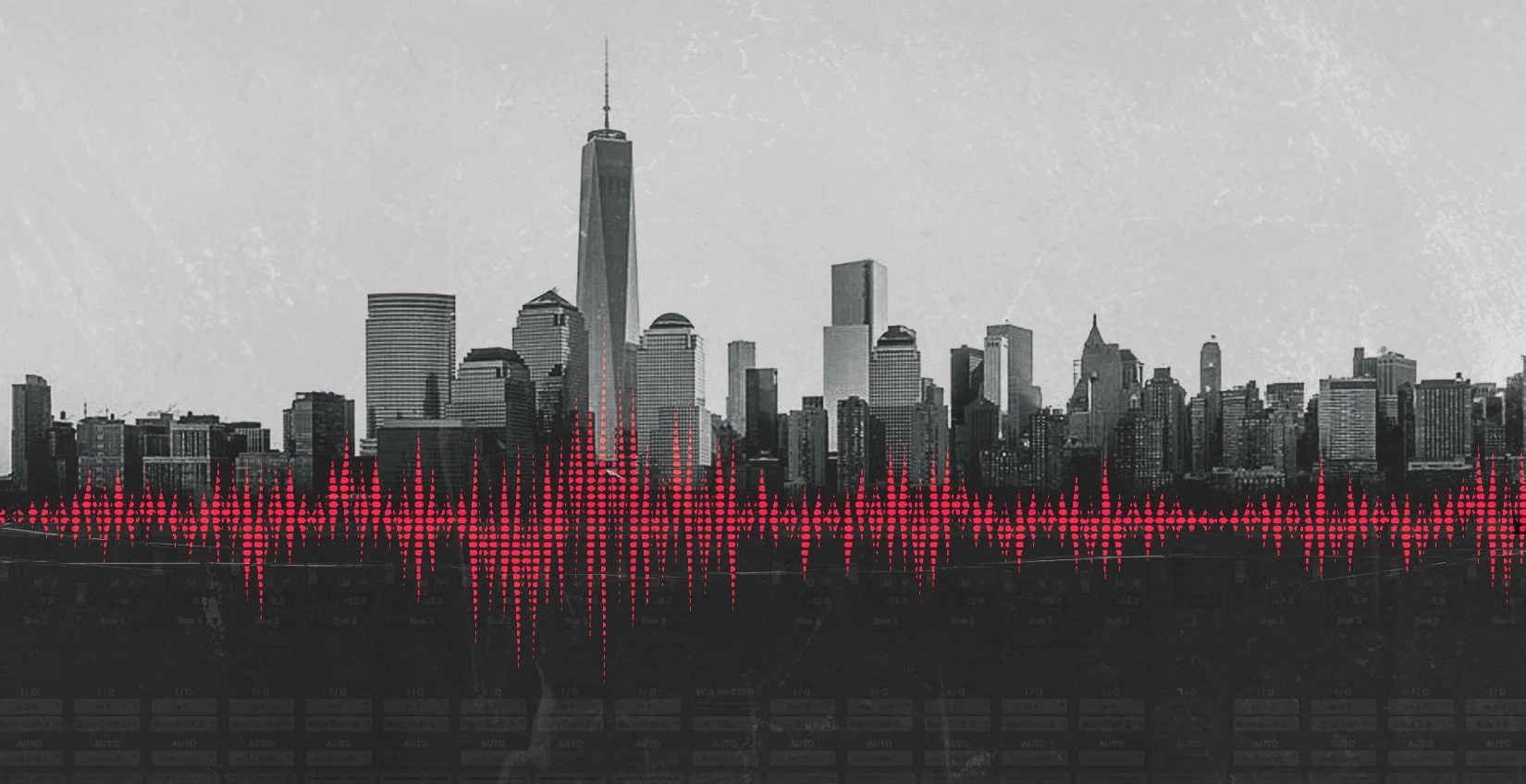 Black and white city skyline with a red soundwave overlay at the bottom.