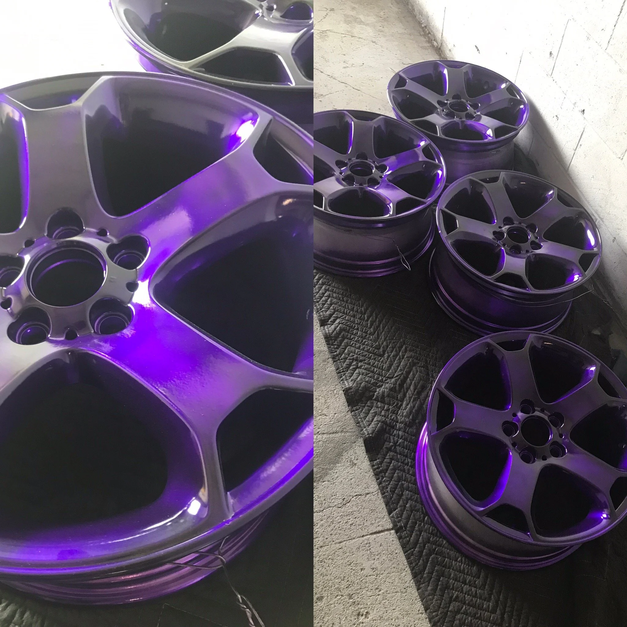 Set of car rims, painted purple, five rims stacked on the ground, with one close-up showing the details and finish of the paint.