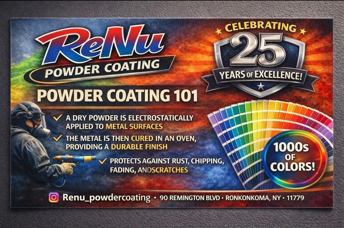 A promotional flyer for Renu Powder Coating celebrating 25 years. It explains powder coating 101: dry powder electrostatically applied to metal, cured in an oven for a durable finish that protects against rust, chipping, fading, and scratches. The flyer features a rainbow color palette and a person in protective gear holding a spray gun. Contact information includes an Instagram handle and address in Ronkonkoma, NY.
