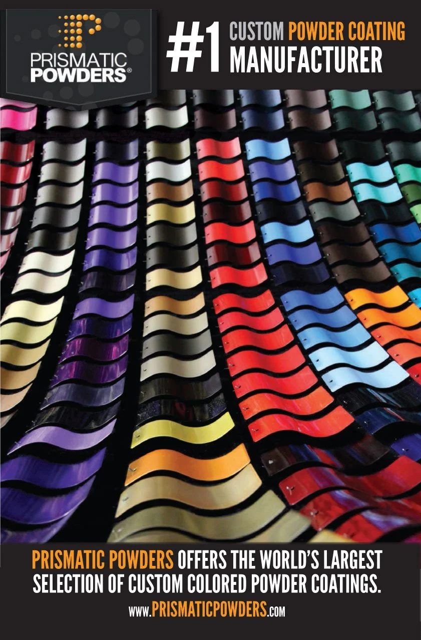 Display of various color samples of custom powder coatings from Prismatic Powders, arranged in rows with a banner at the top highlighting that they are the number one custom powder coating manufacturer, and a footer promoting their large selection and website.