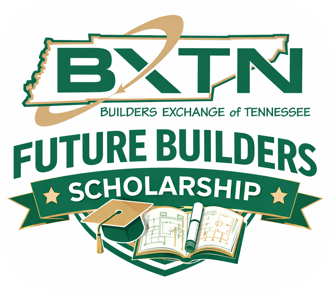 Logo for Builders Exchange of Tennessee's Future Builders Scholarship featuring a map outline of Tennessee, a graduation cap, a blueprint, and a rolled-up architectural plan.