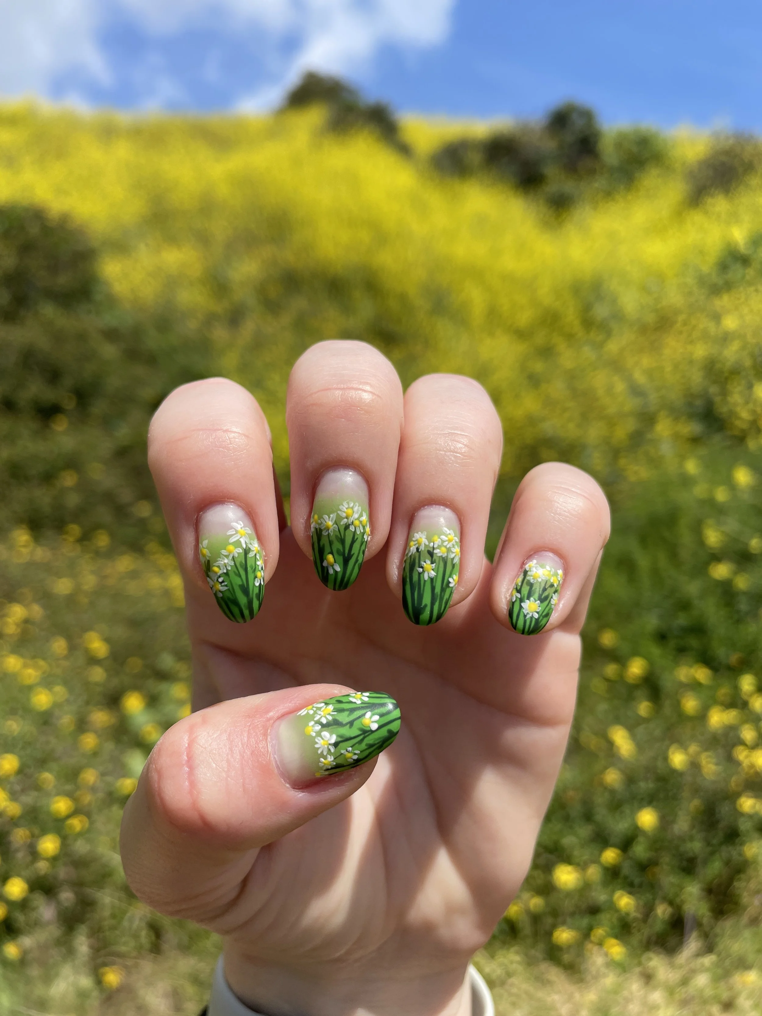 Close-up of a person's hand showing nails painted with a daisy and grass design, held up against a field of yellow flowers with a blue sky in the background.