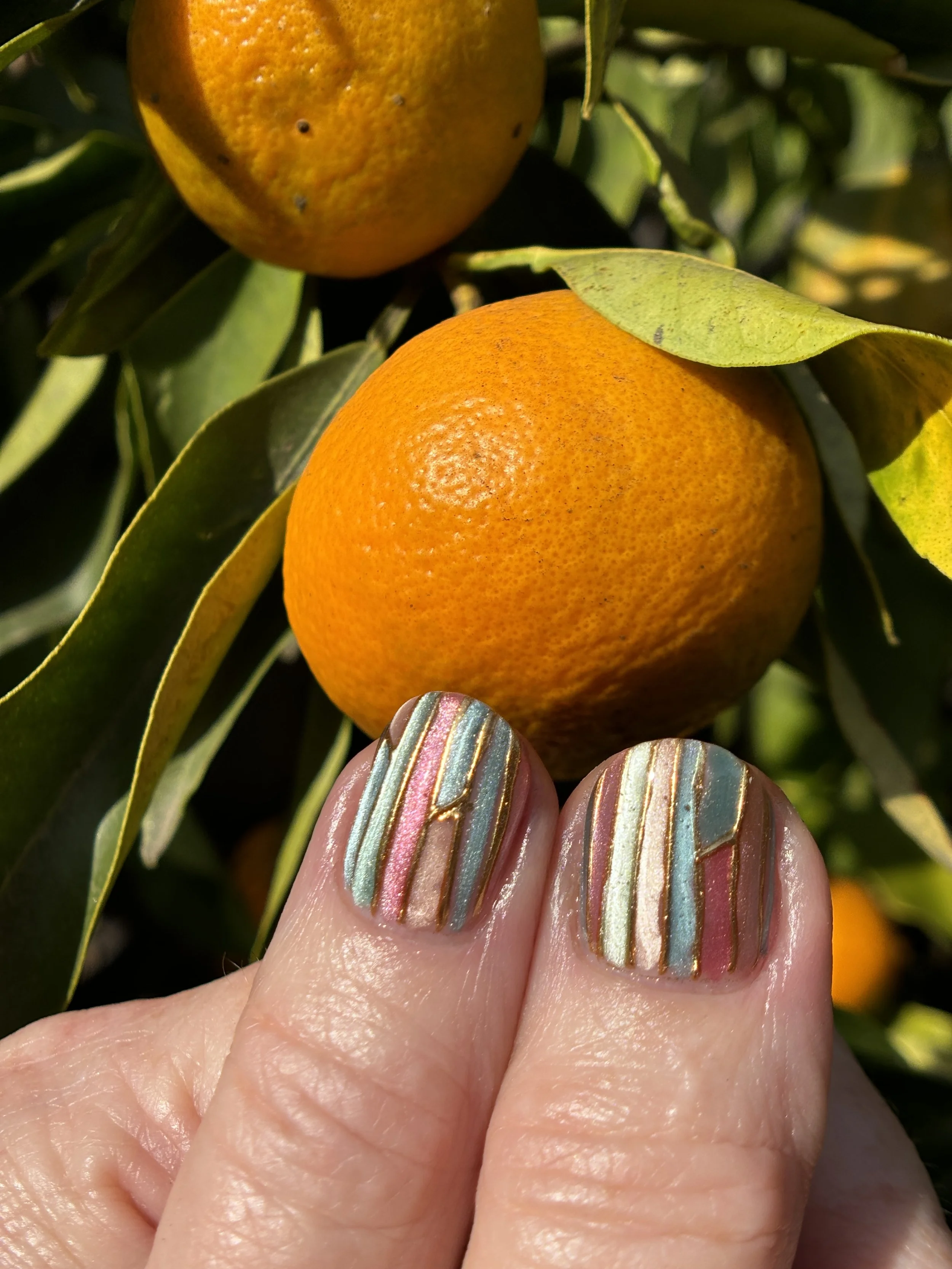 Close-up of a person's hand with colorful, striped nail polish touching an orange fruit on a tree, with green leaves in the background.