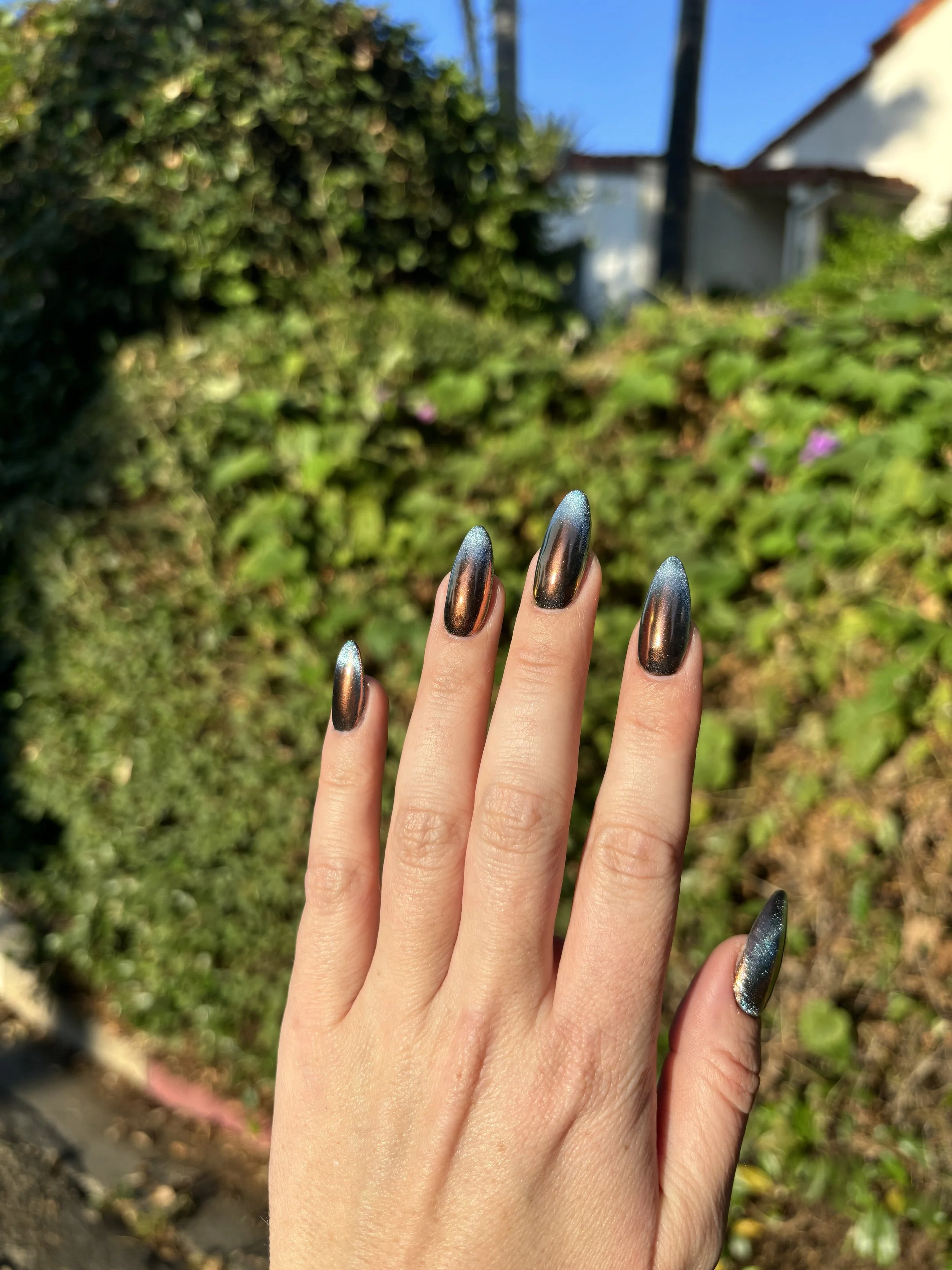 Hand with metallic multicolored nails held up outdoors with green bushes, trees, a house, and a blue sky in the background.