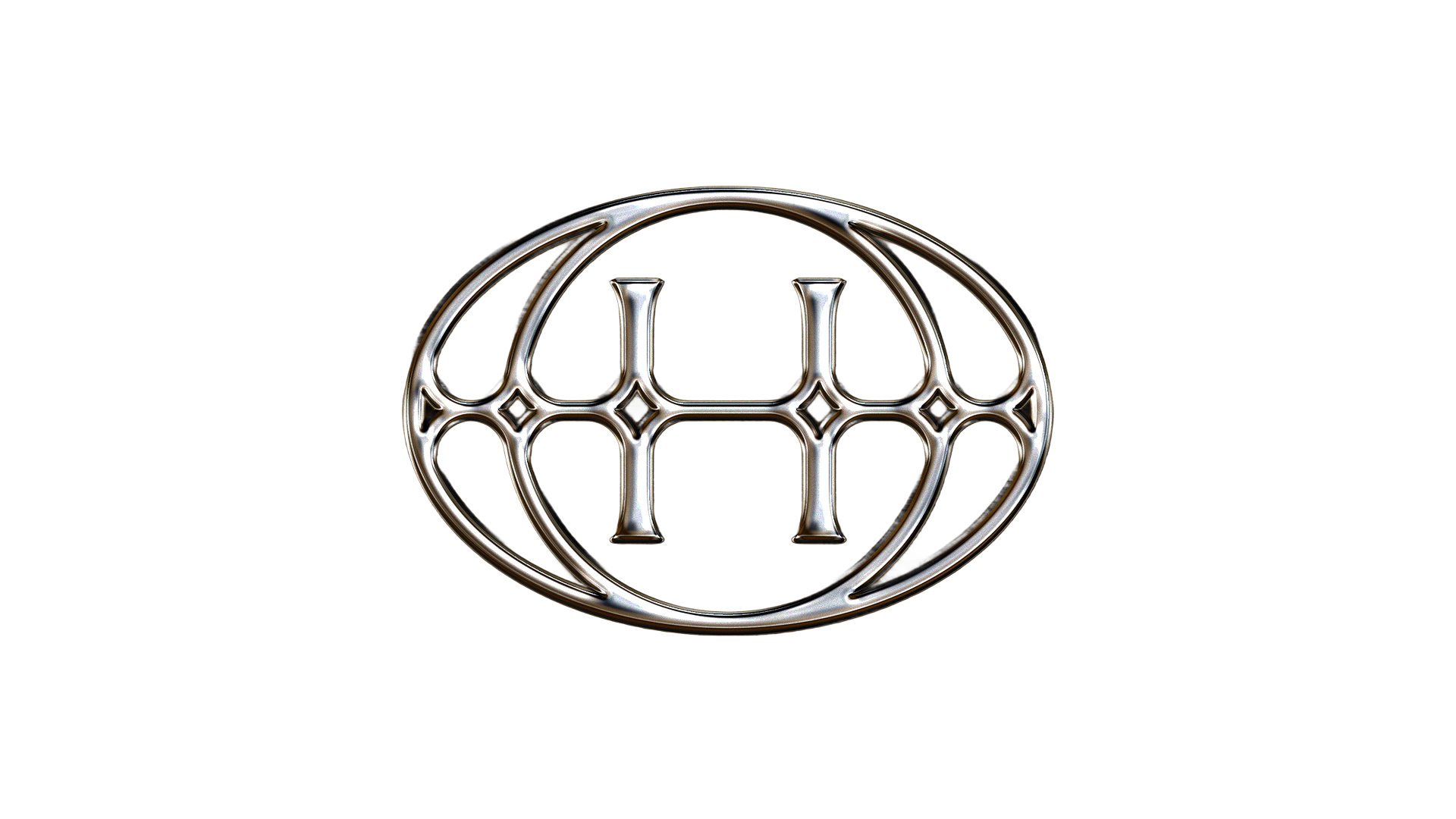 A silver, metallic emblem with an oval shape and intricate geometric design, featuring symmetrical lines and diamond-shaped accents in a futuristic style.