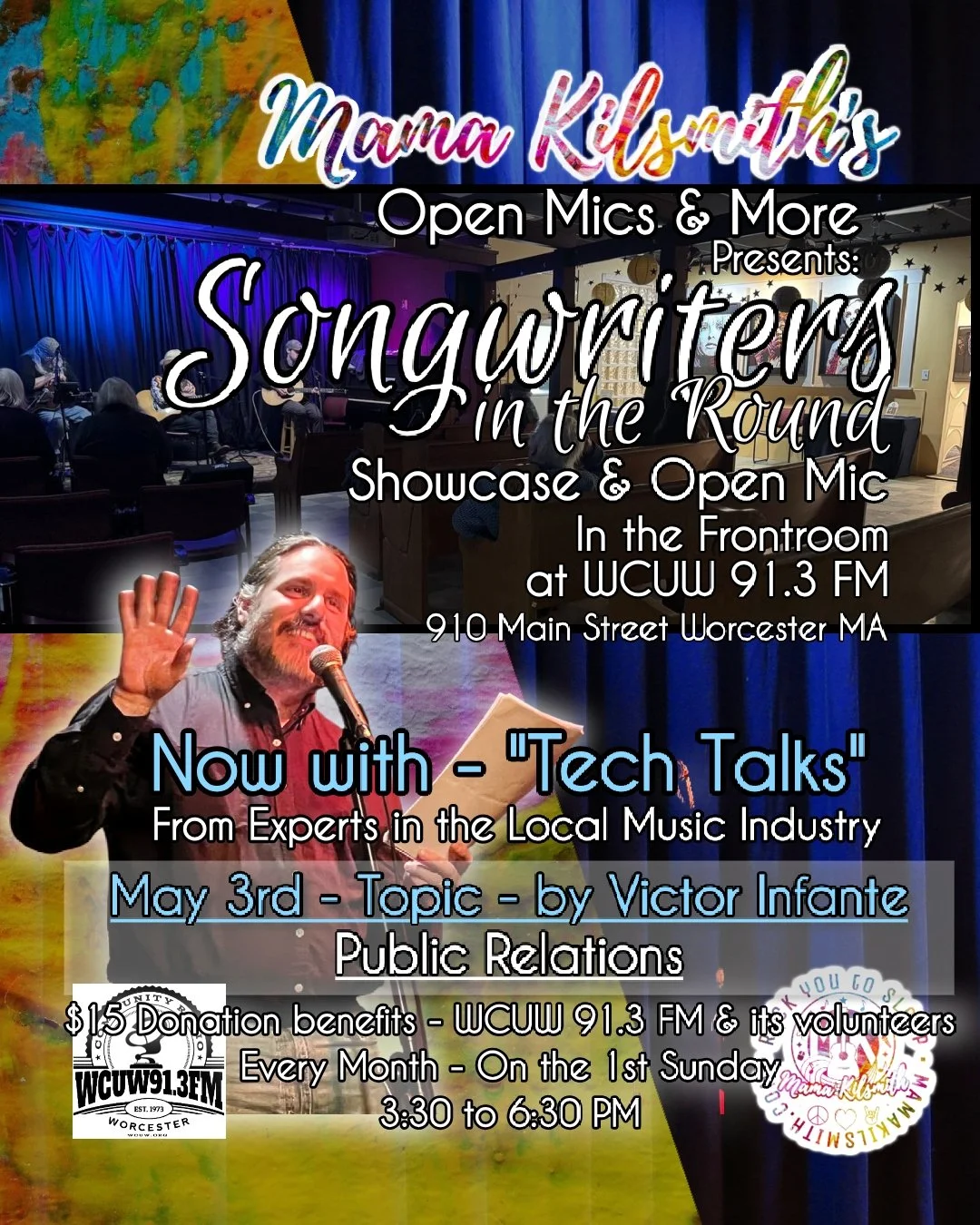 Event poster for 'Mama K's Math Open Mics & More' presents 'Songwriters in the Round' at WCW 91.3 FM, 910 Main Street, Worcester MA. Features 'Tech Talks' by local music industry experts on May 3rd, 3:30 to 6:30 PM, with a $15 donation benefiting WCW 91.3 FM and its volunteers. The event includes a showcase and open mic.