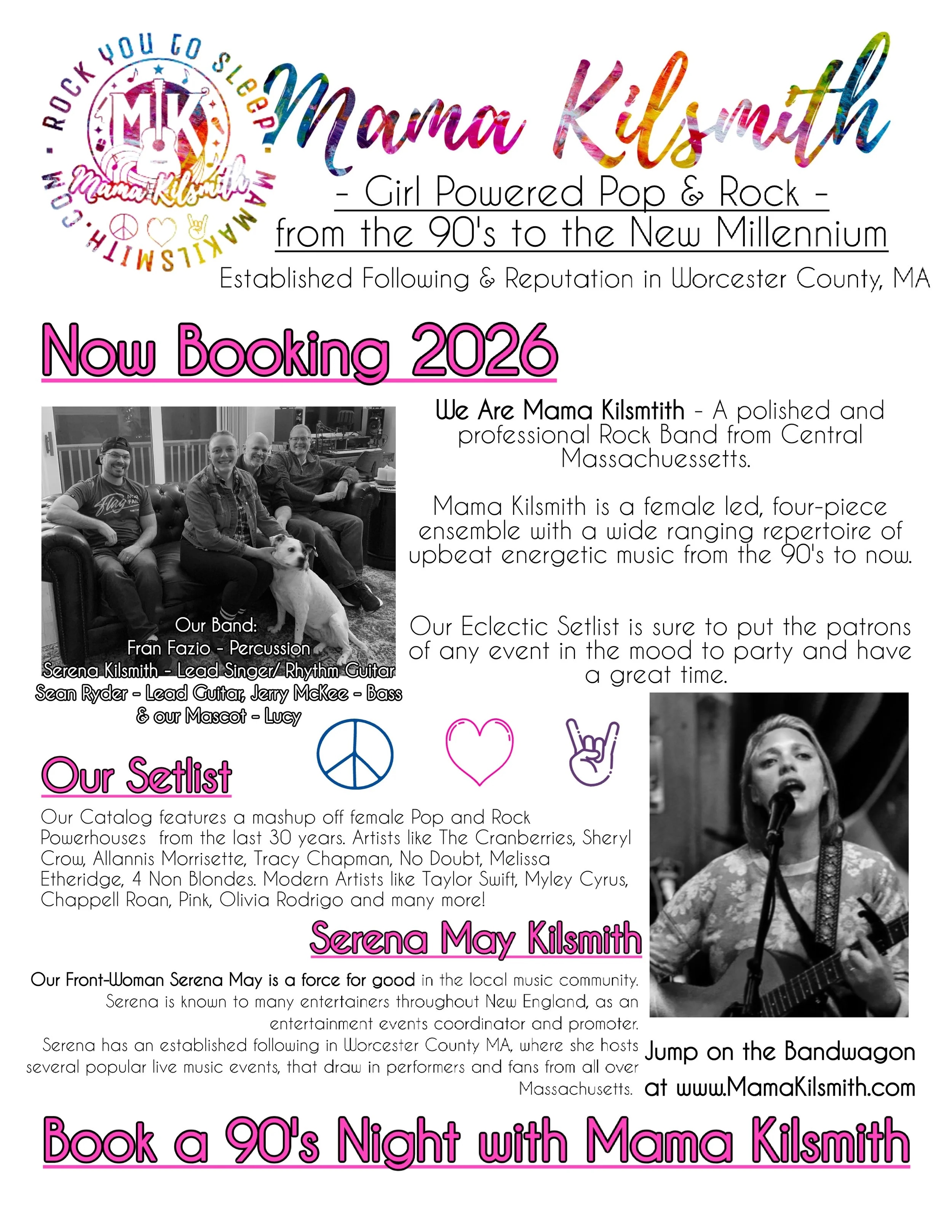 Flyer advertising Mama Kilsmith, a girl-powered pop and rock band from Worcester County, Massachusetts, now booking for 2026, with photos of band members and text about their music and upcoming events.