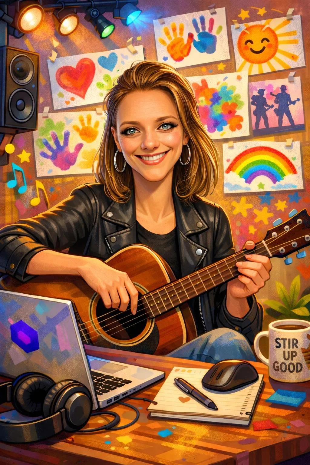 A woman with shoulder-length hair and hoop earrings plays an acoustic guitar in a colorful and creative room. The background features children's artwork including handprints, a rainbow, and a smiling sun. The desk has a laptop, headphones, a notepad with a pen, a computer mouse, and a mug that says 'Stir Up Good.' The scene is lively and vibrant.