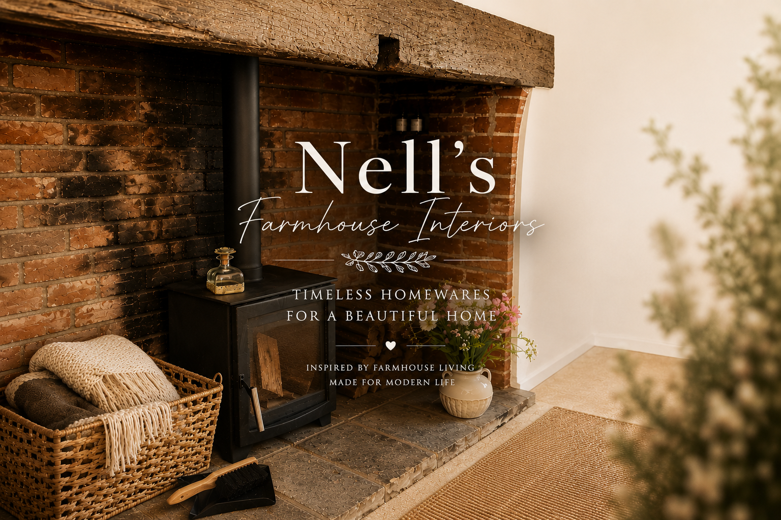 Interior of a farmhouse with a brick wall, a black stove, a basket of blankets and a brush, a small potted plant with pink flowers, and a tan woven rug. Overlaid text promotes Nell's Farmhouse Interiors, highlighting timeless homewares inspired by farmhouse living.
