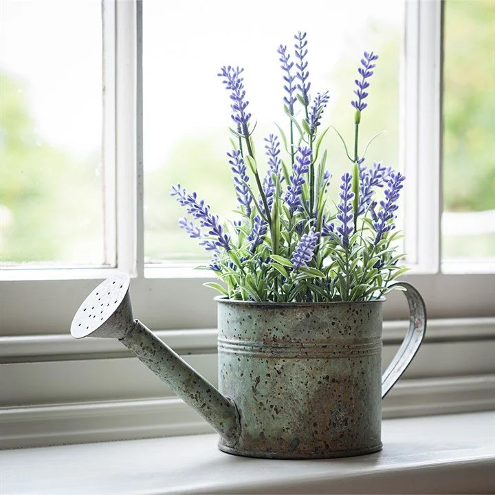 Rustic Tin Watering Can with Faux Lavender