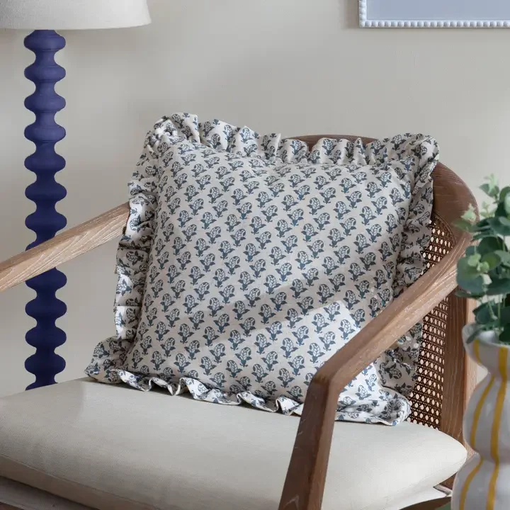 Lulah Block Printed Ruffle Cushion Cover Linen/Blue