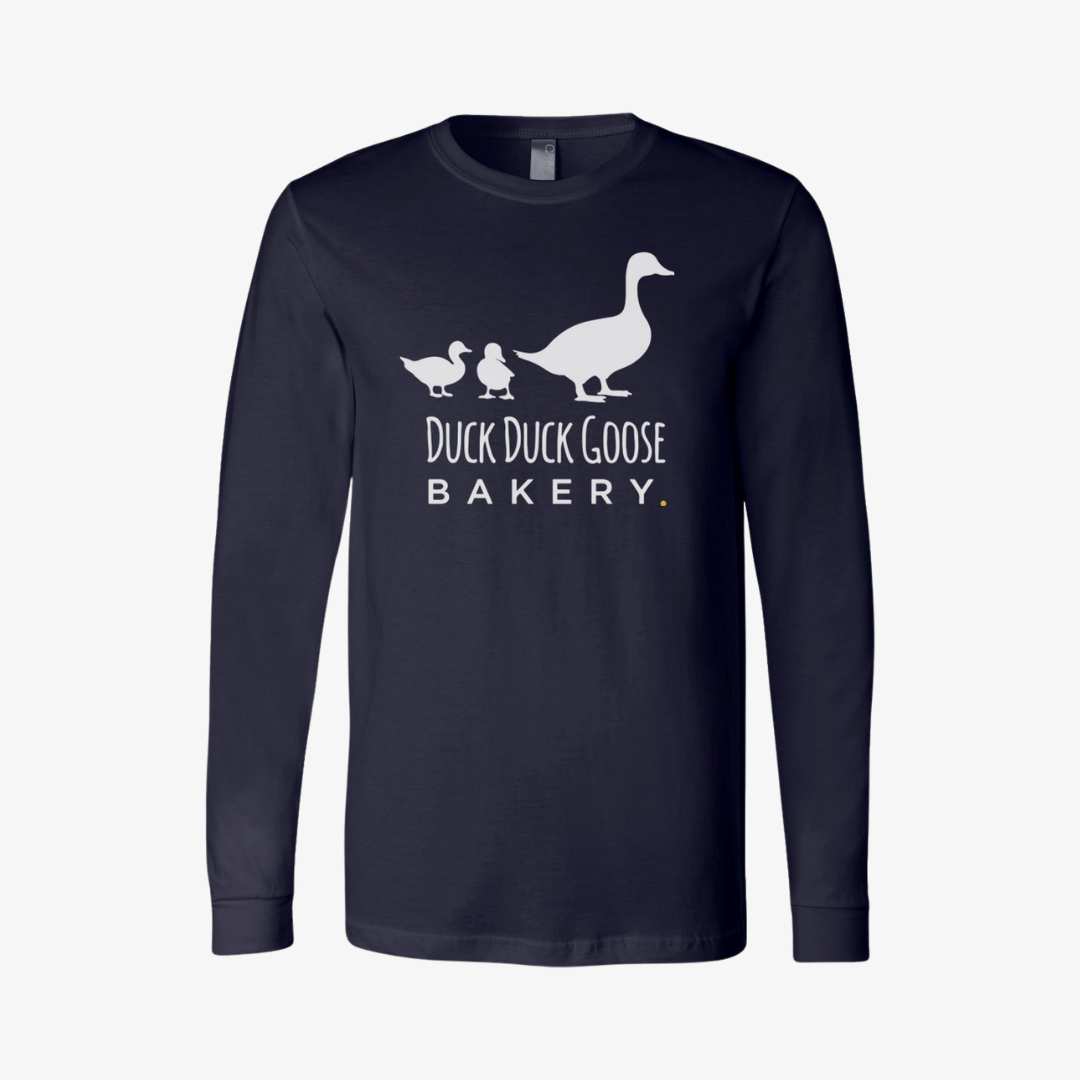 Long sleeve duck duck goose bakery merch with logo in middle of the navy blue shirt.