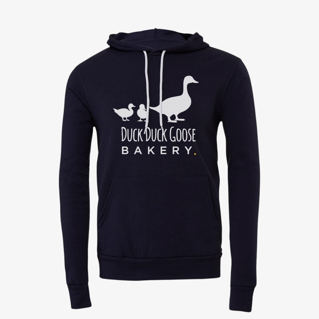 Duck duck goose bakery hoodie with duck logo on the center of the hoodie.