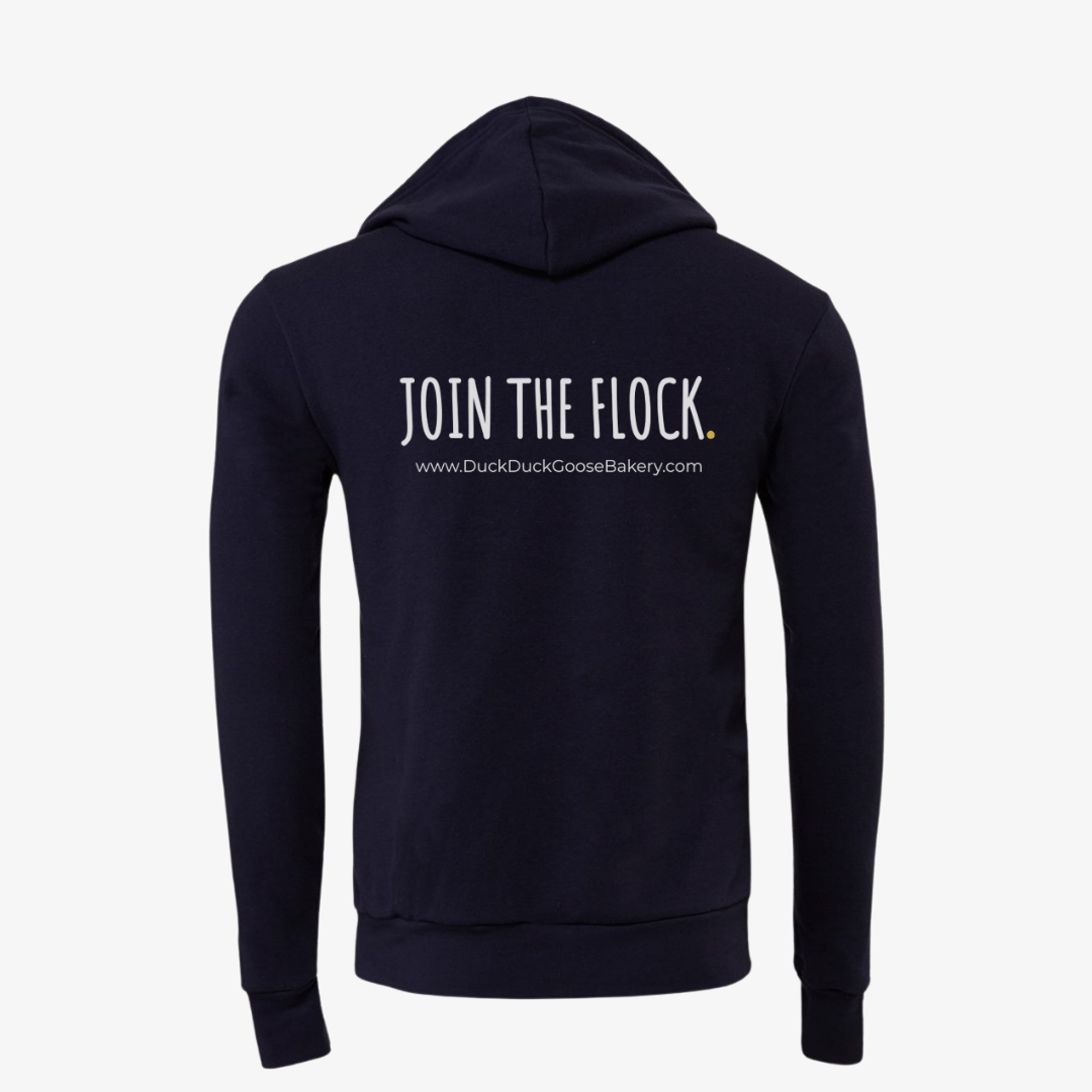 Duck duck goose bakery hoodie with duck logo on the center of the hoodie.