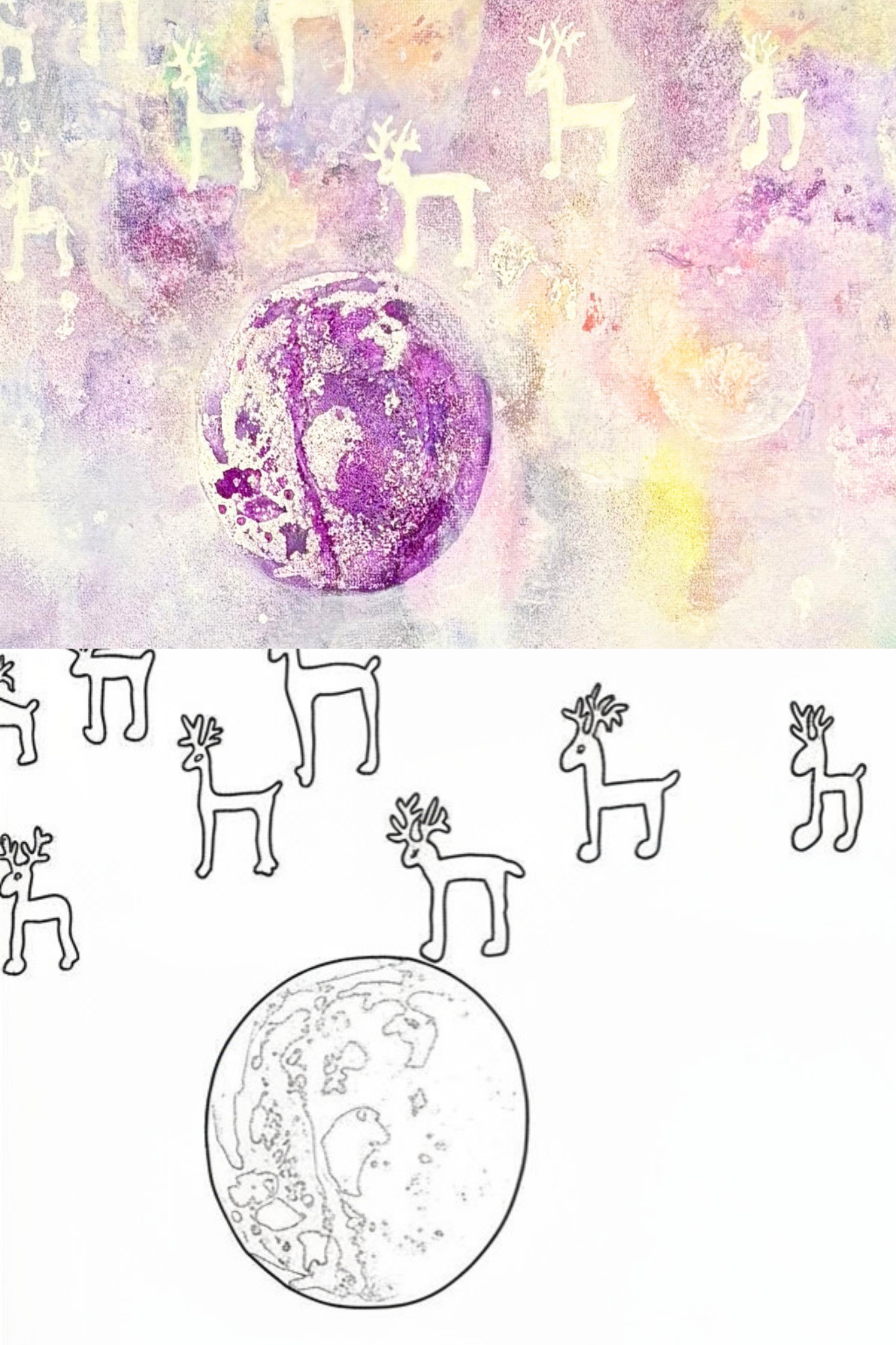 Original surreal painting detail from The Cosmic Deer Herd shown above a simplified black-and-white coloring page version.