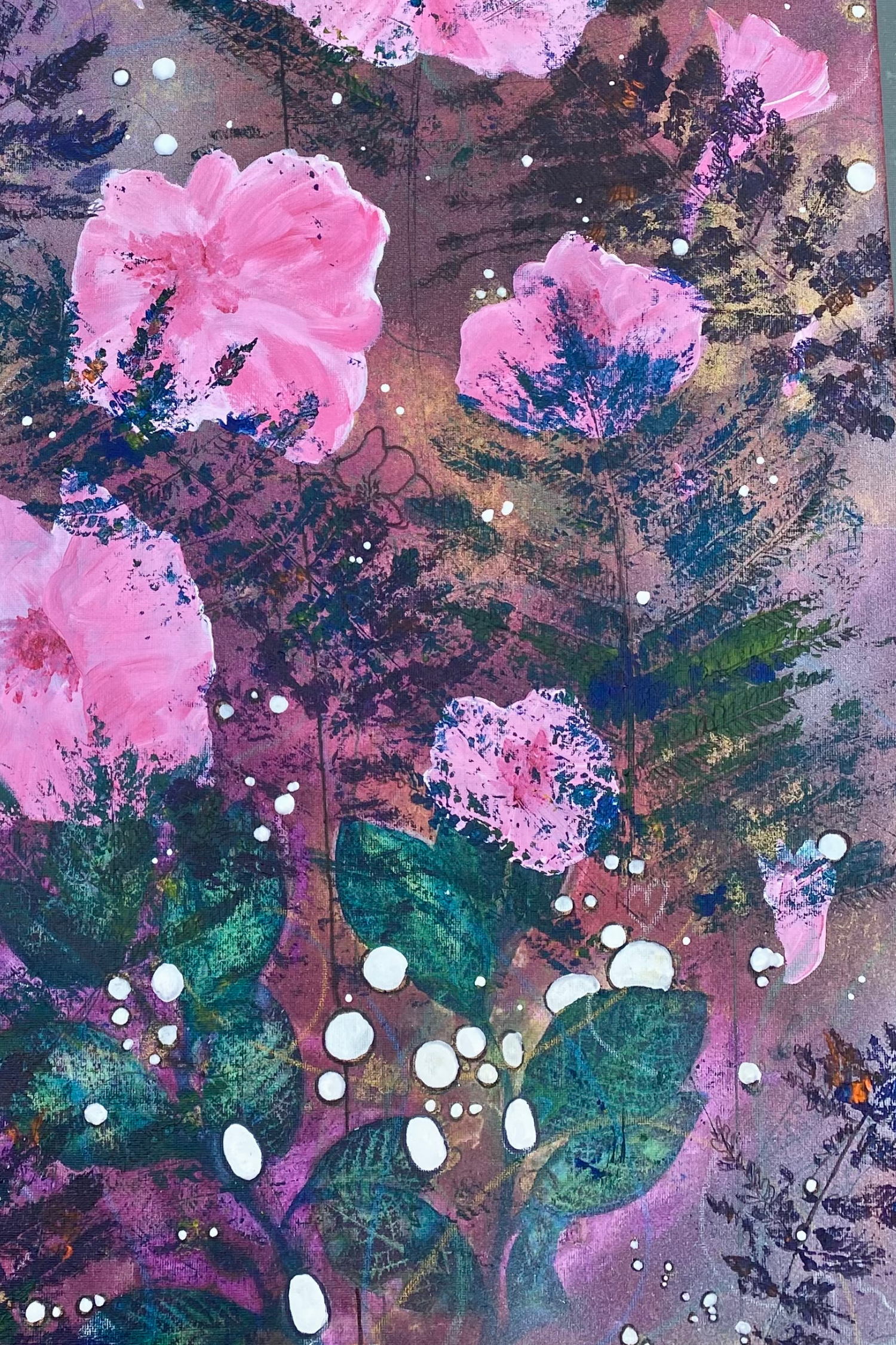 Mixed media flower painting in progress with marker lines, plant print textures and white painted marks adding lightness.