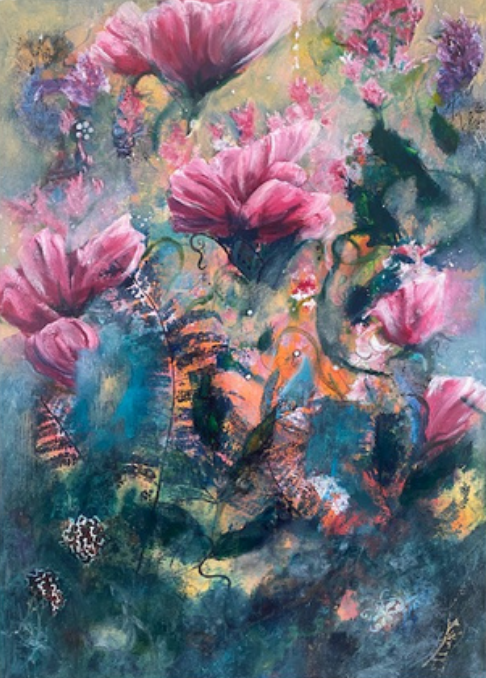 Abstract painting of pink flowers amidst colorful background with blues, yellows, and greens.