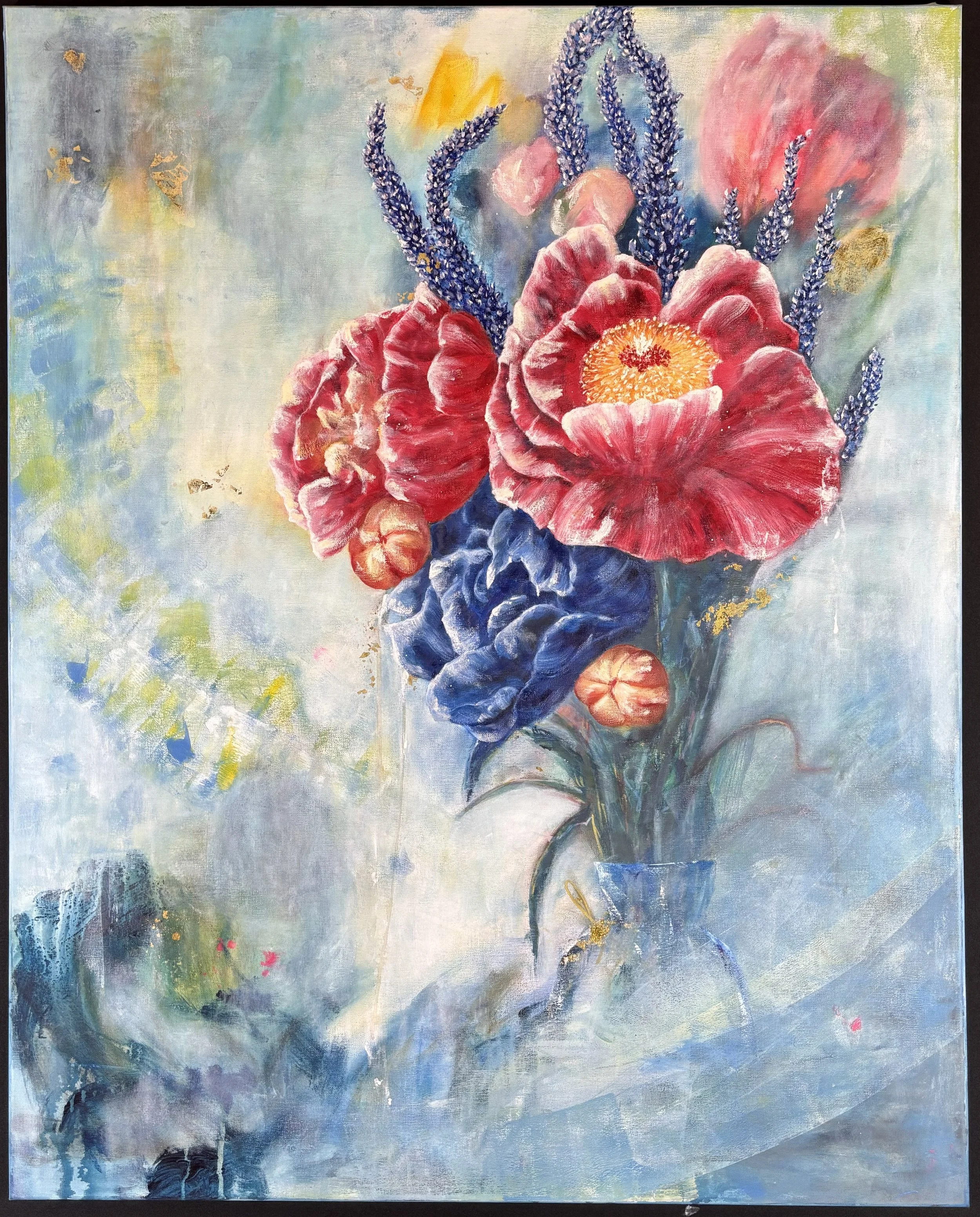 A vibrant painting of a bouquet of flowers in a vase, featuring large red poppies, purple lavender, and blue and pink blossoms with a soft, abstract background.