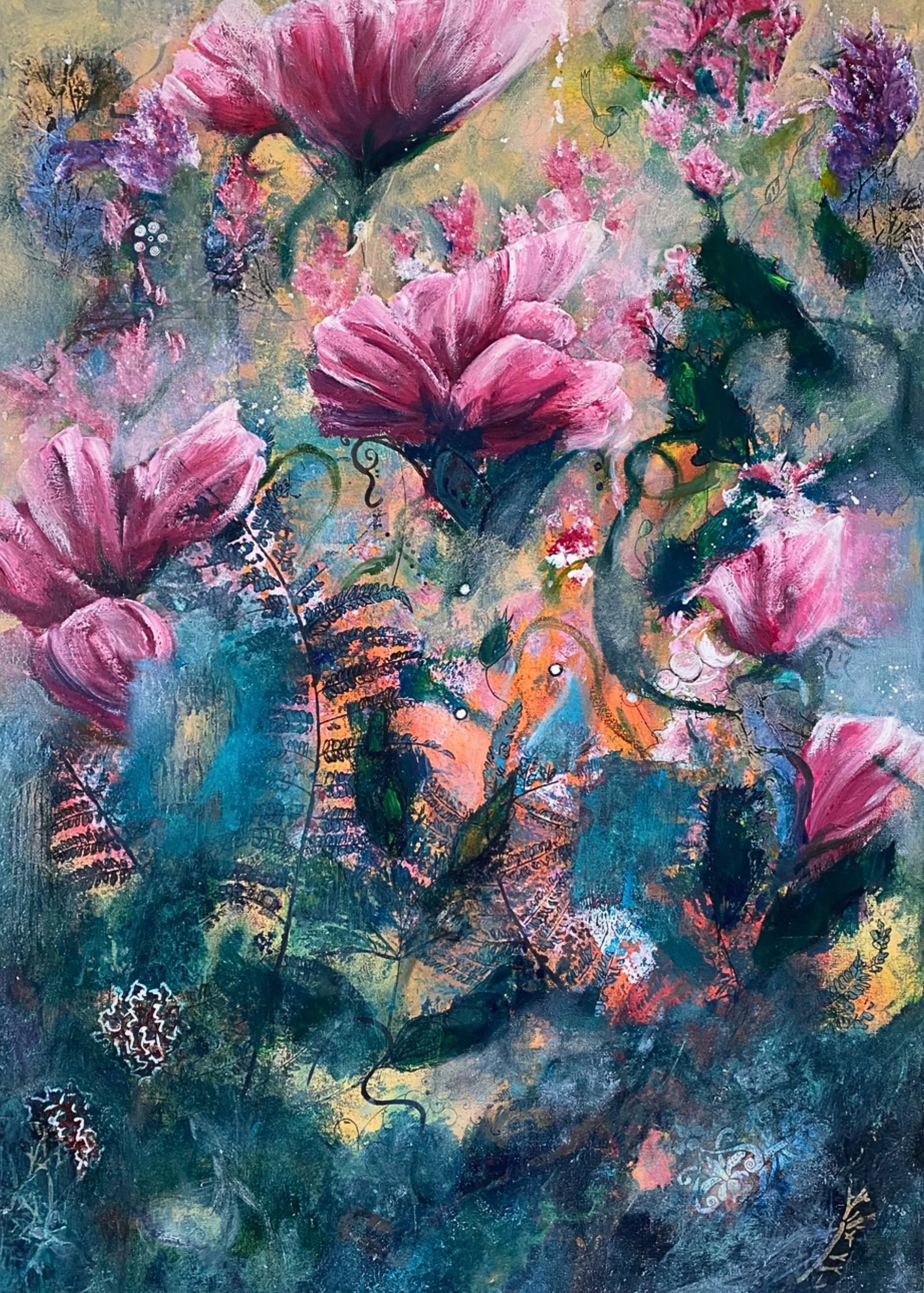 Abstract floral painting featuring large pink flowers, surrounded by ferns and colorful abstract background.