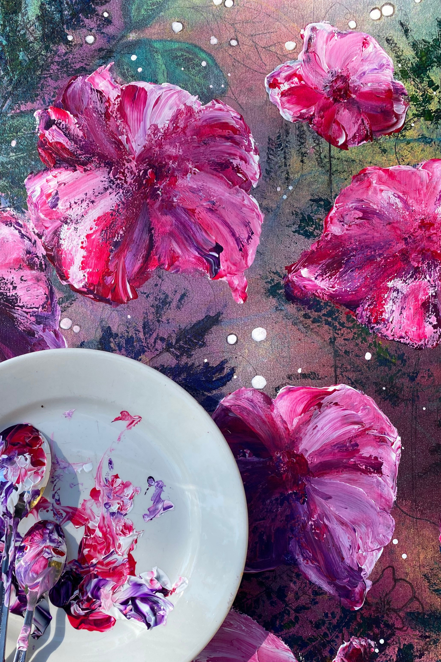 Big colorful flowers painted with spoons.
