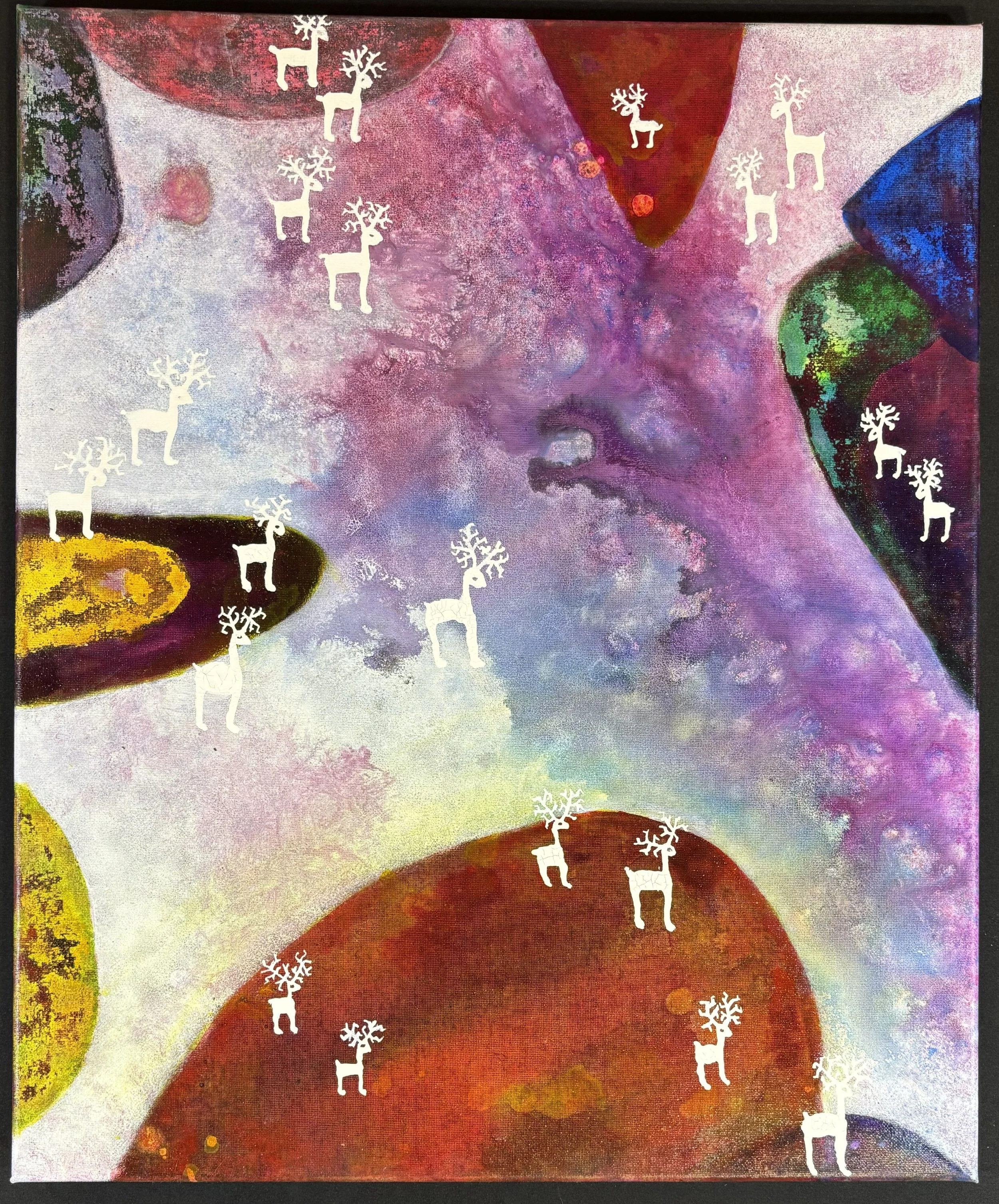 Abstract painting with a large, colorful spaceand multiple white reindeer with trees as antlers scattered throughout.