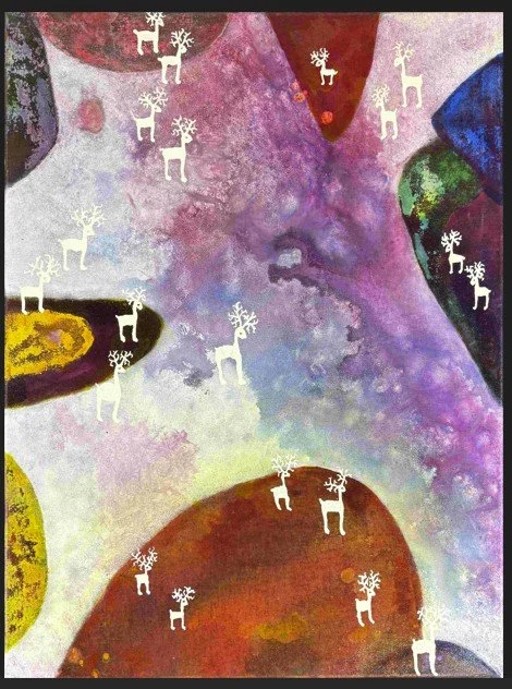 Abstract colorful watercolor background with scattered white reindeer silhouettes.