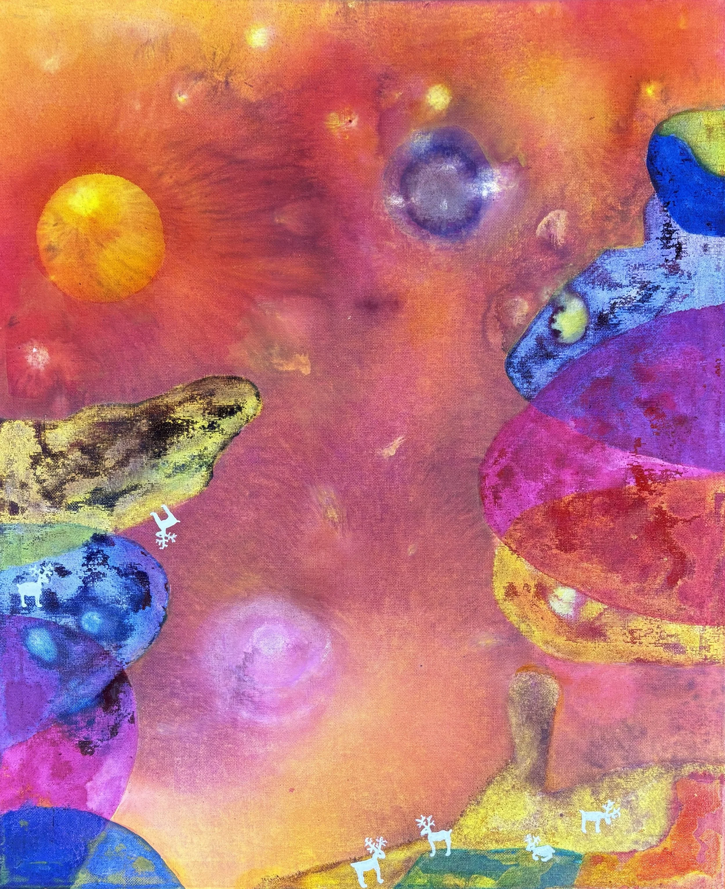 A colorful abstract painting with swirling hues of pink, orange, blue, and yellow. It features various circular shapes and small images of reindeer at the bottom, giving a festive, dreamlike atmosphere.