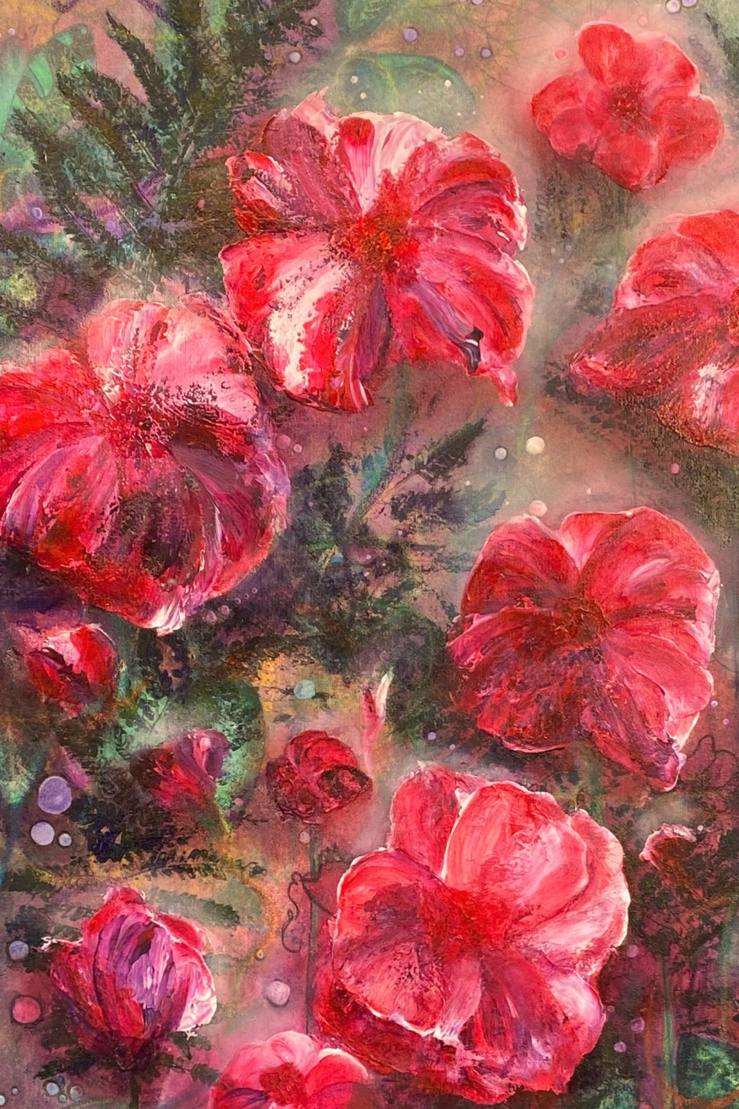 Warm oil glazes layered over textured fantasy flowers, creating a juicy summer glow and dimensional petals.