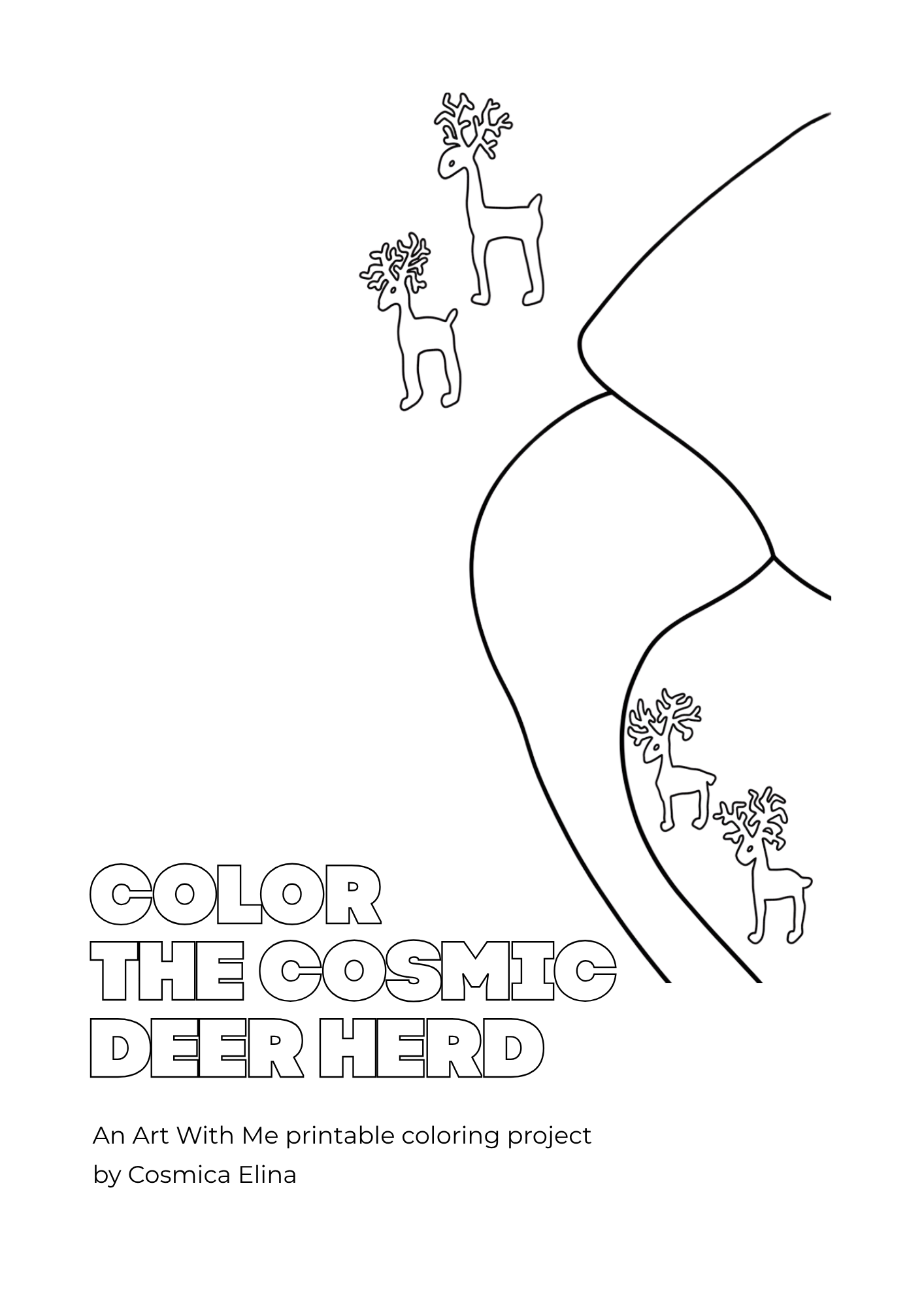 Cover and preview pages of Color the Cosmic Deer Herd, a free printable coloring mini-book with surreal deer line art.