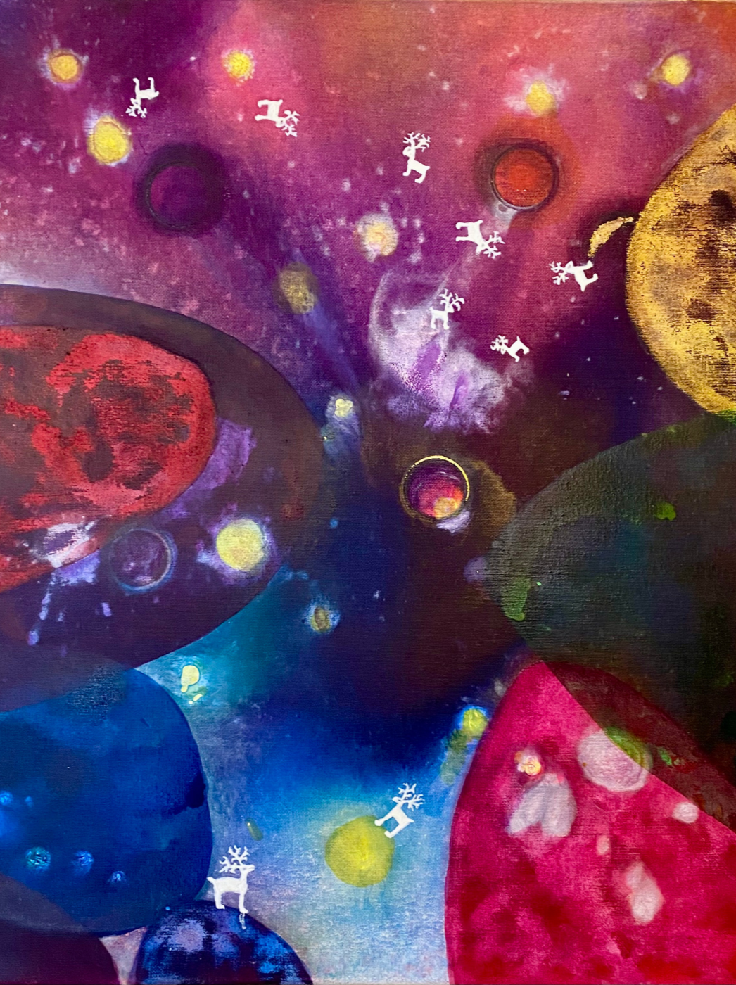 Unfinished surreal mixed media painting The Deer Constellation by cosmicaelina, showing two deer looking up at deer-shaped stars forming a constellation inspired by the Big Dipper.