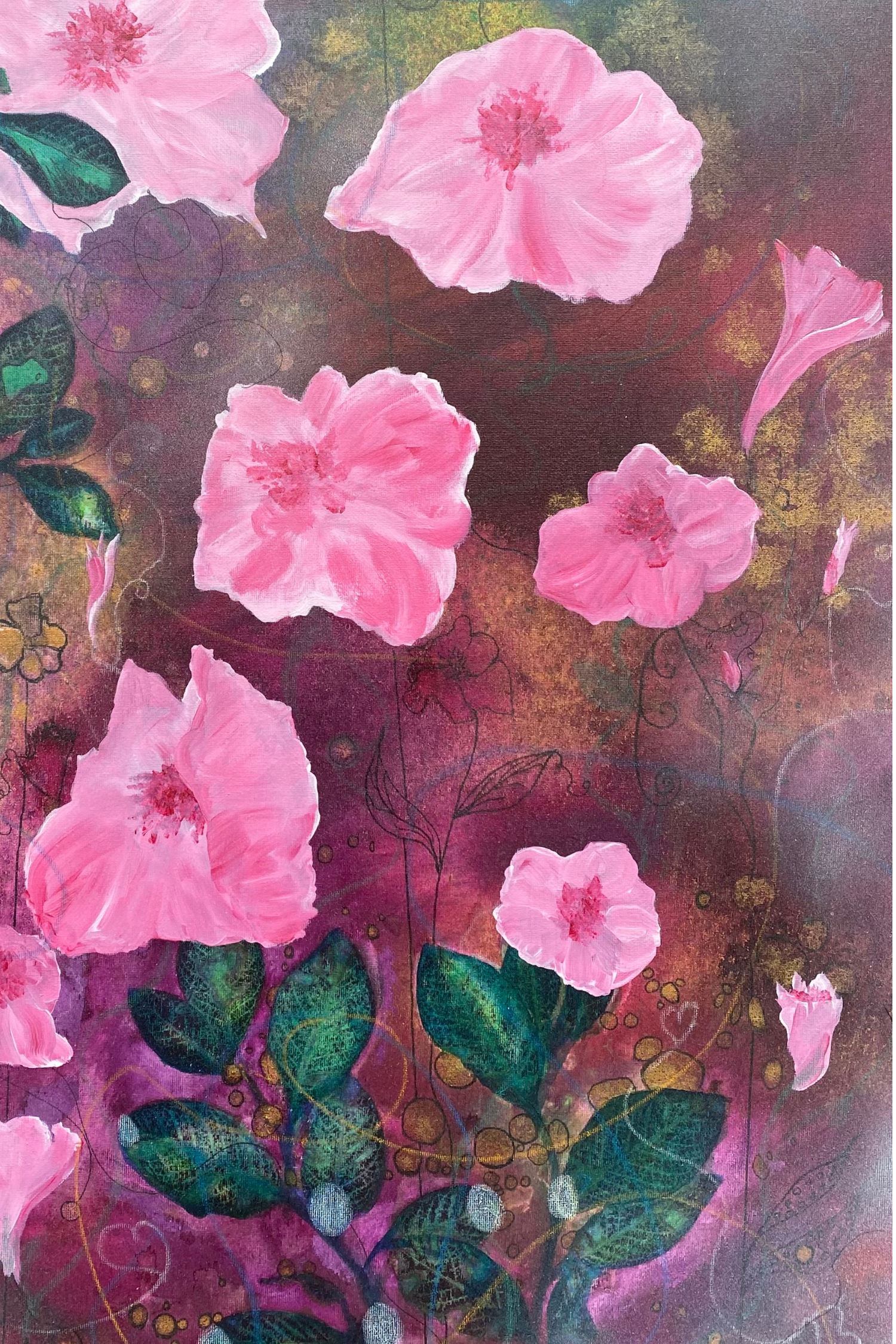 A close-up detail of a fantasy floral painting with glowing red flowers, textured petals and deep green background layers.