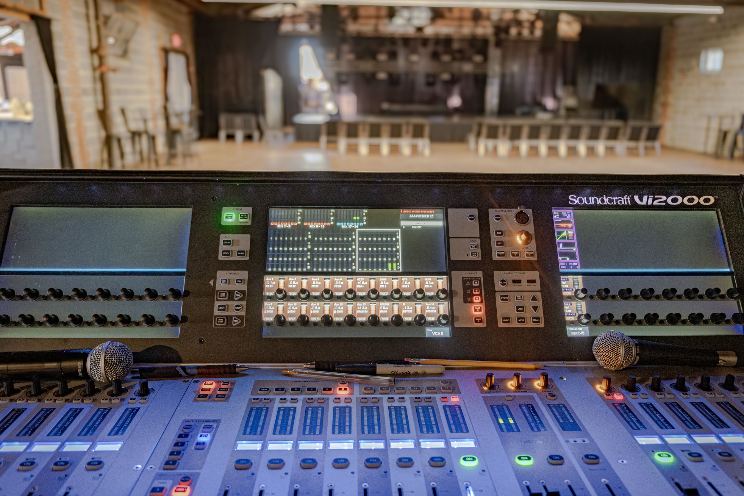  A Soundcraft Vi2000, used to dial in the sound at each production. (Offscreen: A Martin M6 Onyx Upgraded lighting console is used to control the lighting rigs). 