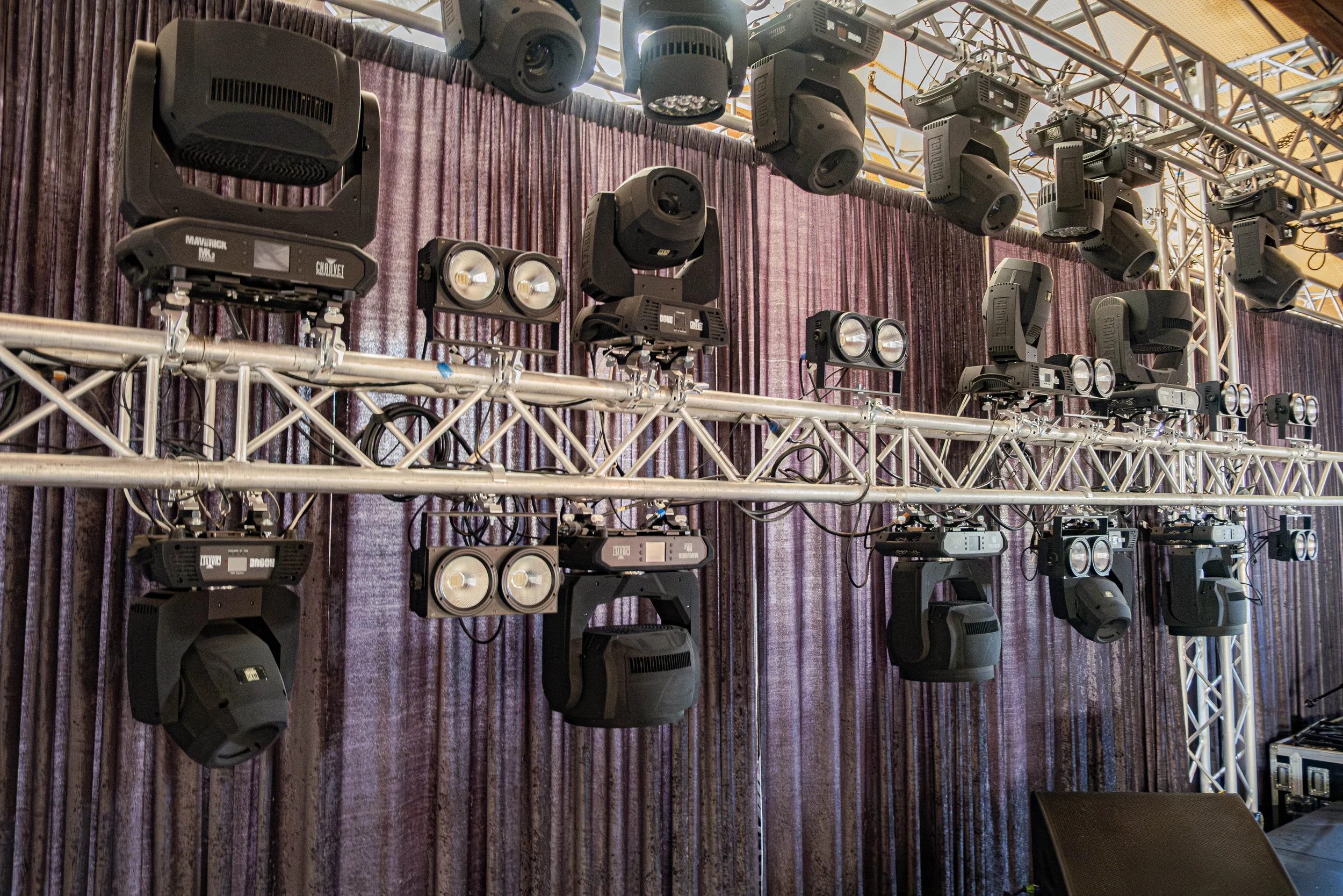  An assortment of Chauvet lights including: R1X Spots, Maverick MK3 Washes, Maverick MK Pyxis lights, and R2X Washes, many not pictured. 