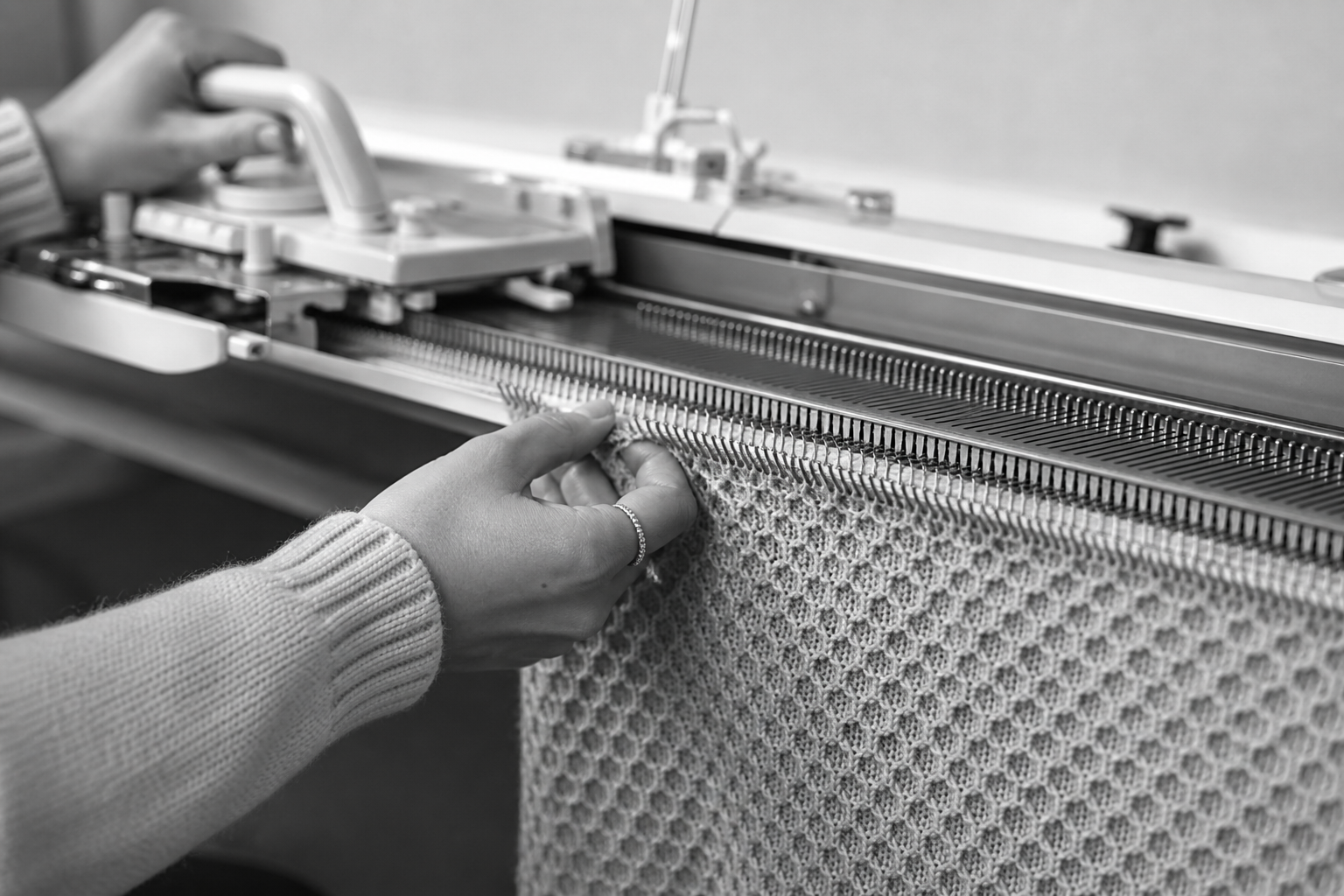 Close-up of hands knitting on a knitting machine with a textured fabric.